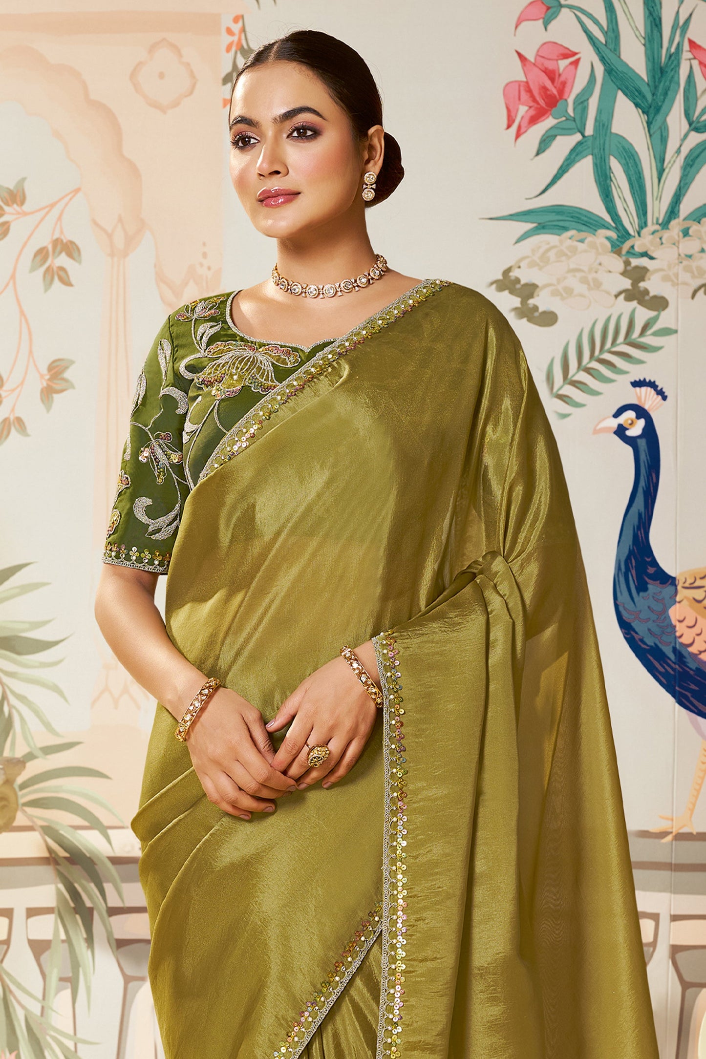 Olive Green Satin Silk Saree-SAR10473_4_SareeButa.com