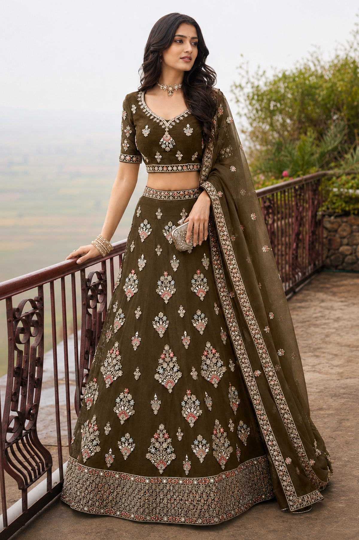 Olive Green Semi Stitched Embroidered Net Lehenga-SAR13219_1_SareeButa.com
