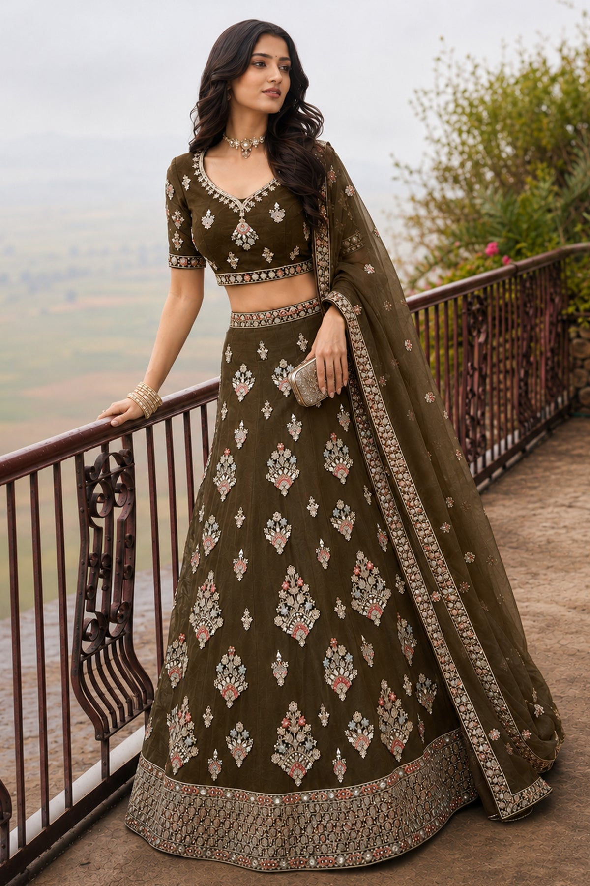 Olive Green Semi Stitched Embroidered Net Lehenga-SAR13219_2_SareeButa.com
