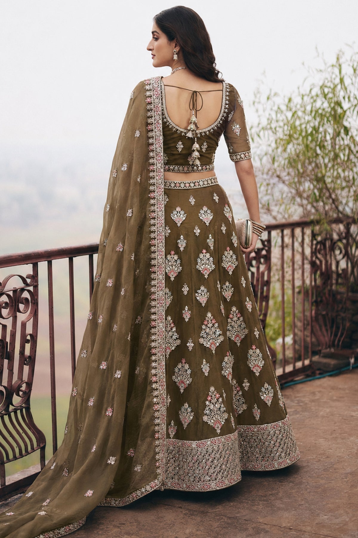 Olive Green Semi Stitched Embroidered Net Lehenga-SAR13219_3_SareeButa.com