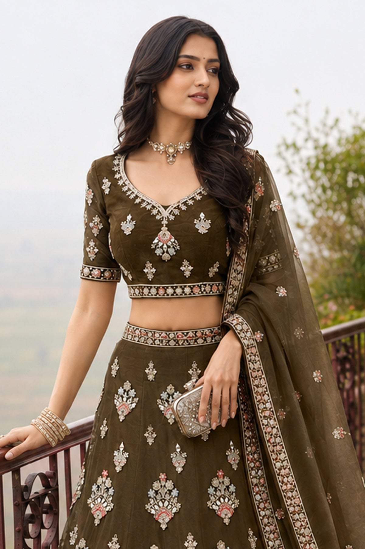 Olive Green Semi Stitched Embroidered Net Lehenga-SAR13219_4_SareeButa.com