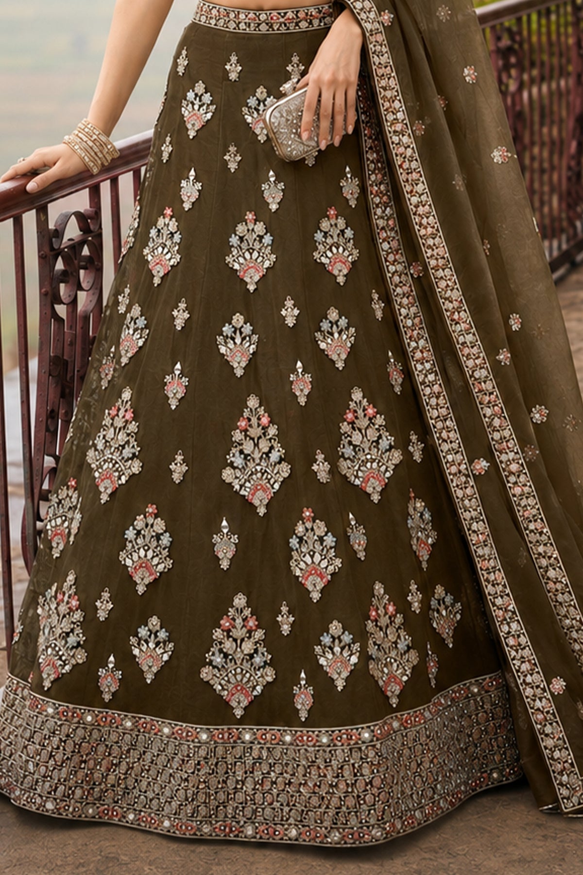 Olive Green Semi Stitched Embroidered Net Lehenga-SAR13219_5_SareeButa.com