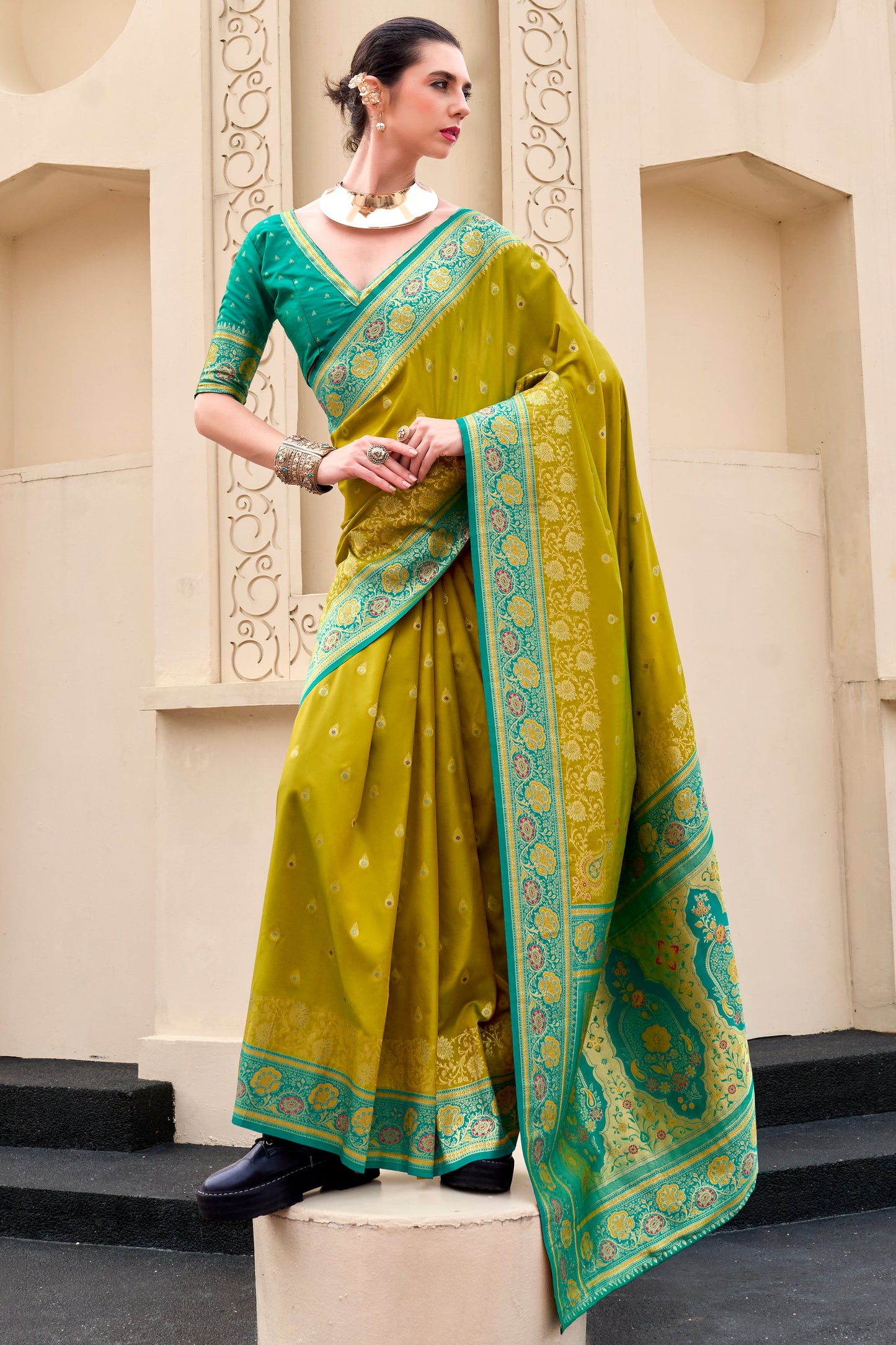 Olive Green Woven Banarasi Saree-ZB134703_1_SareeButa.com