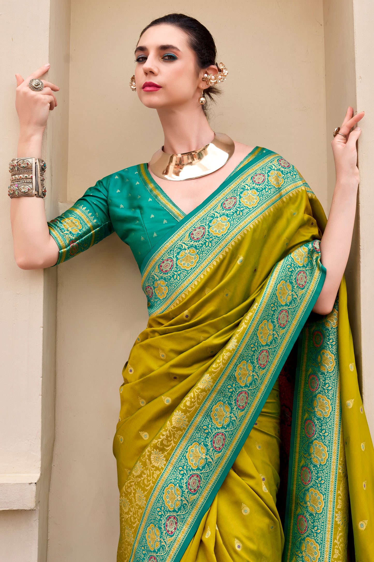 Olive Green Woven Banarasi Saree-ZB134703_2_SareeButa.com