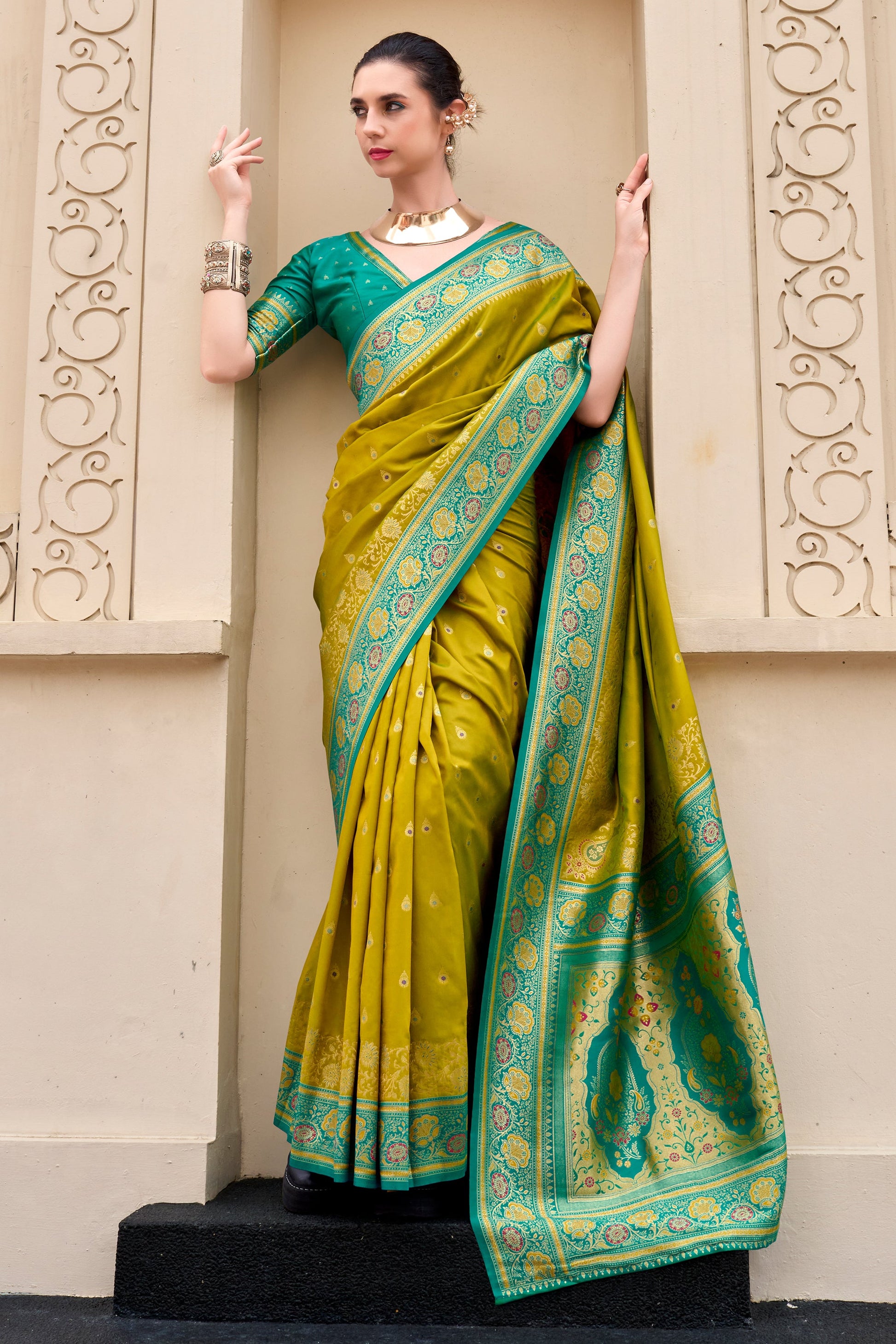 Olive Green Woven Banarasi Saree-ZB134703_4_SareeButa.com