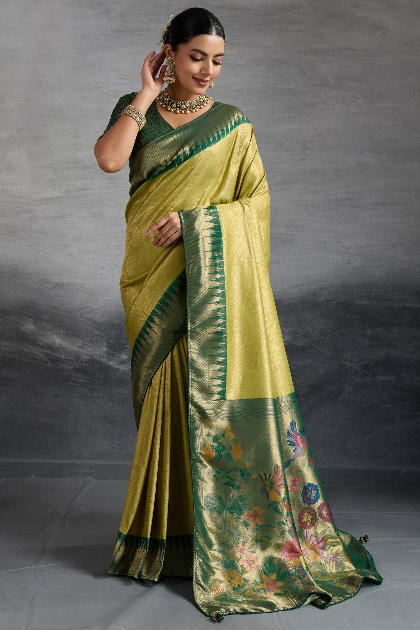 Olive Green Woven Kanjivaram Silk Saree-SAR10287_1_SareeButa.com