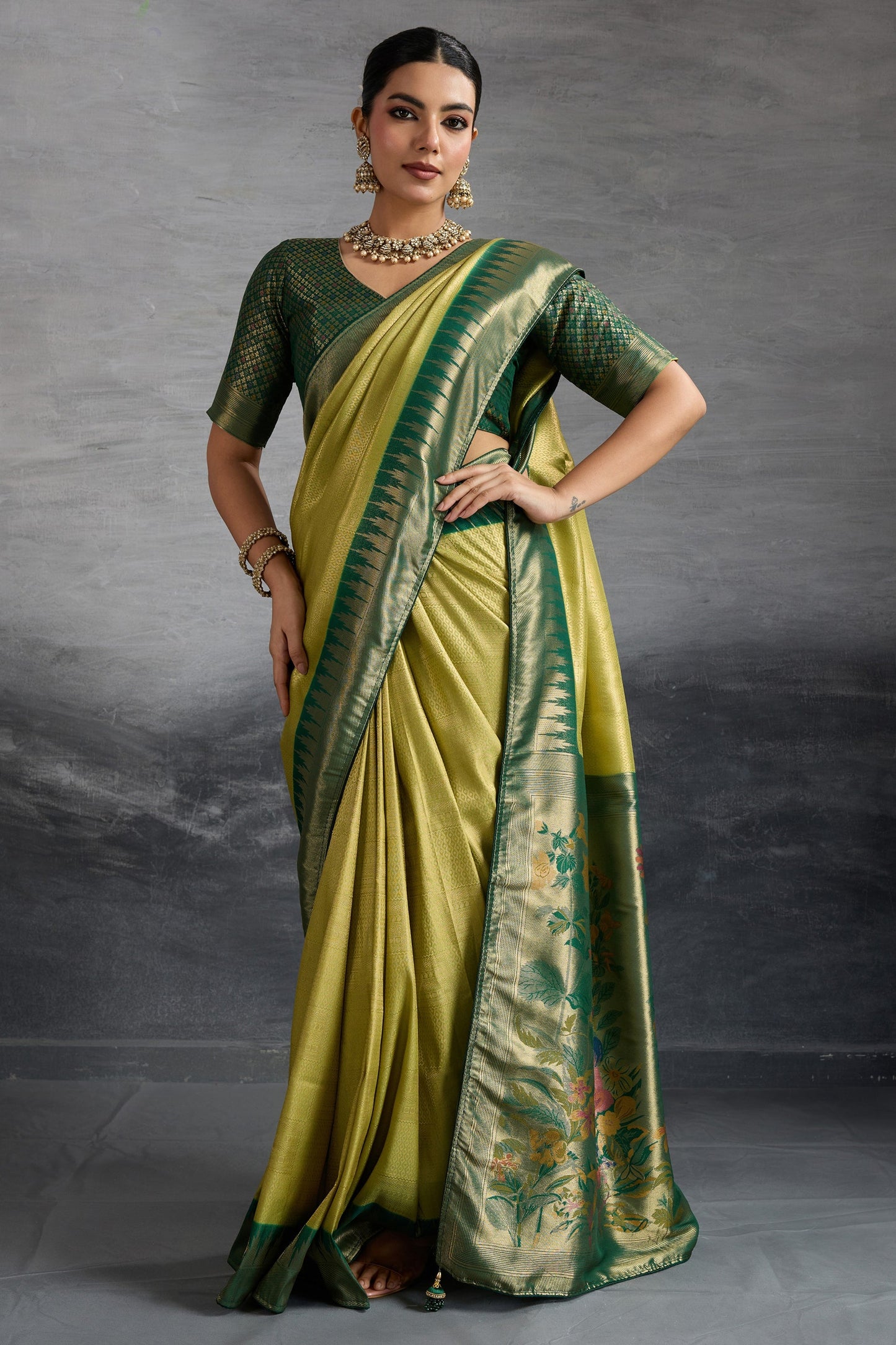 Olive Green Woven Kanjivaram Silk Saree-SAR10287_2_SareeButa.com