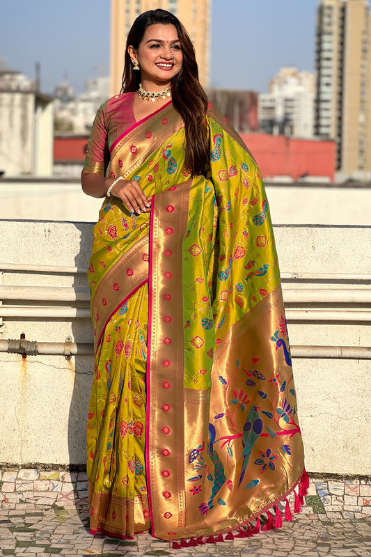 Olive Green Woven Paithani Silk Saree-ZB134835_1_SareeButa.com