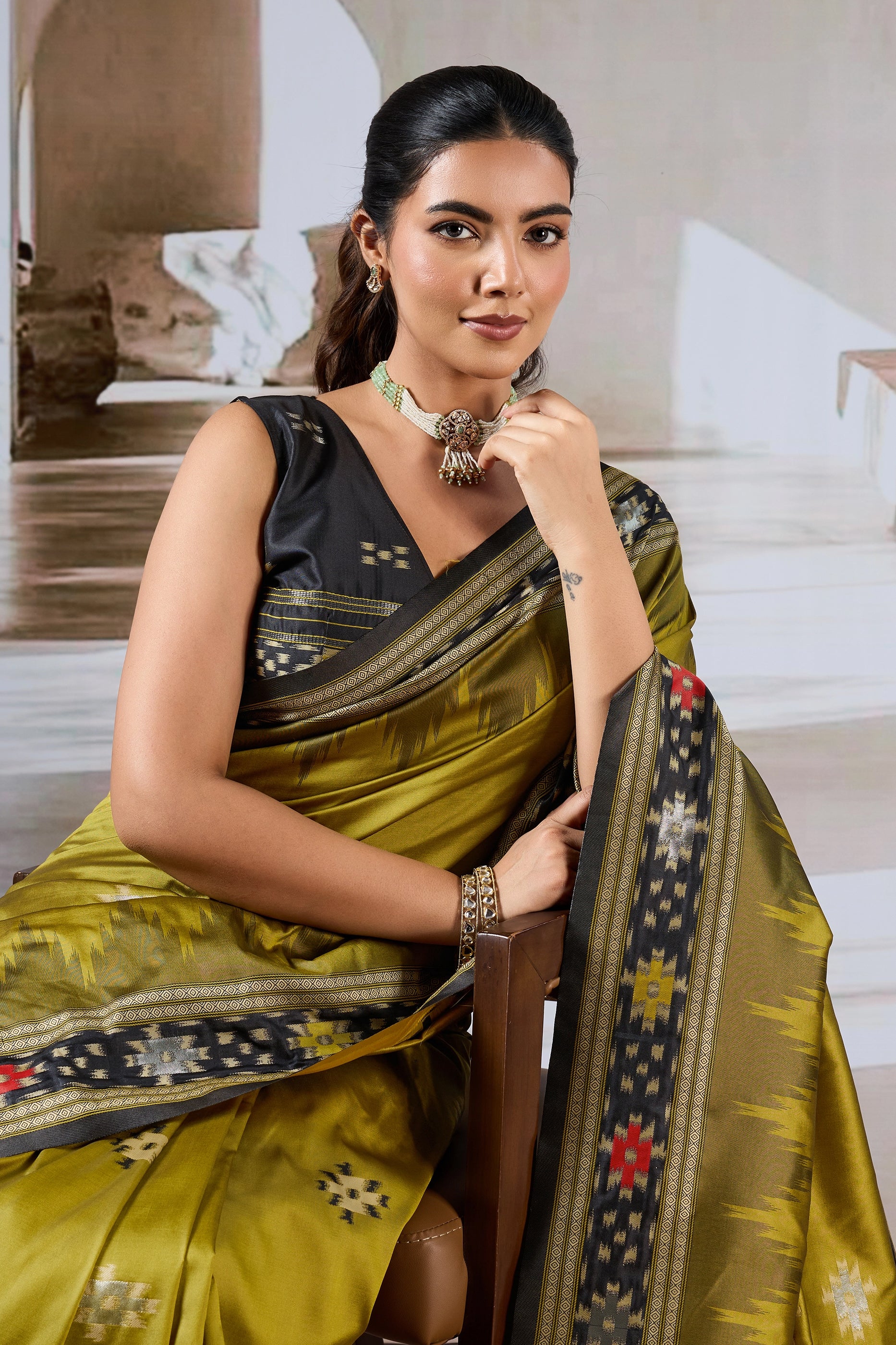 Olive Green Woven Patola Silk Saree-SAR12420_2_SareeButa.com