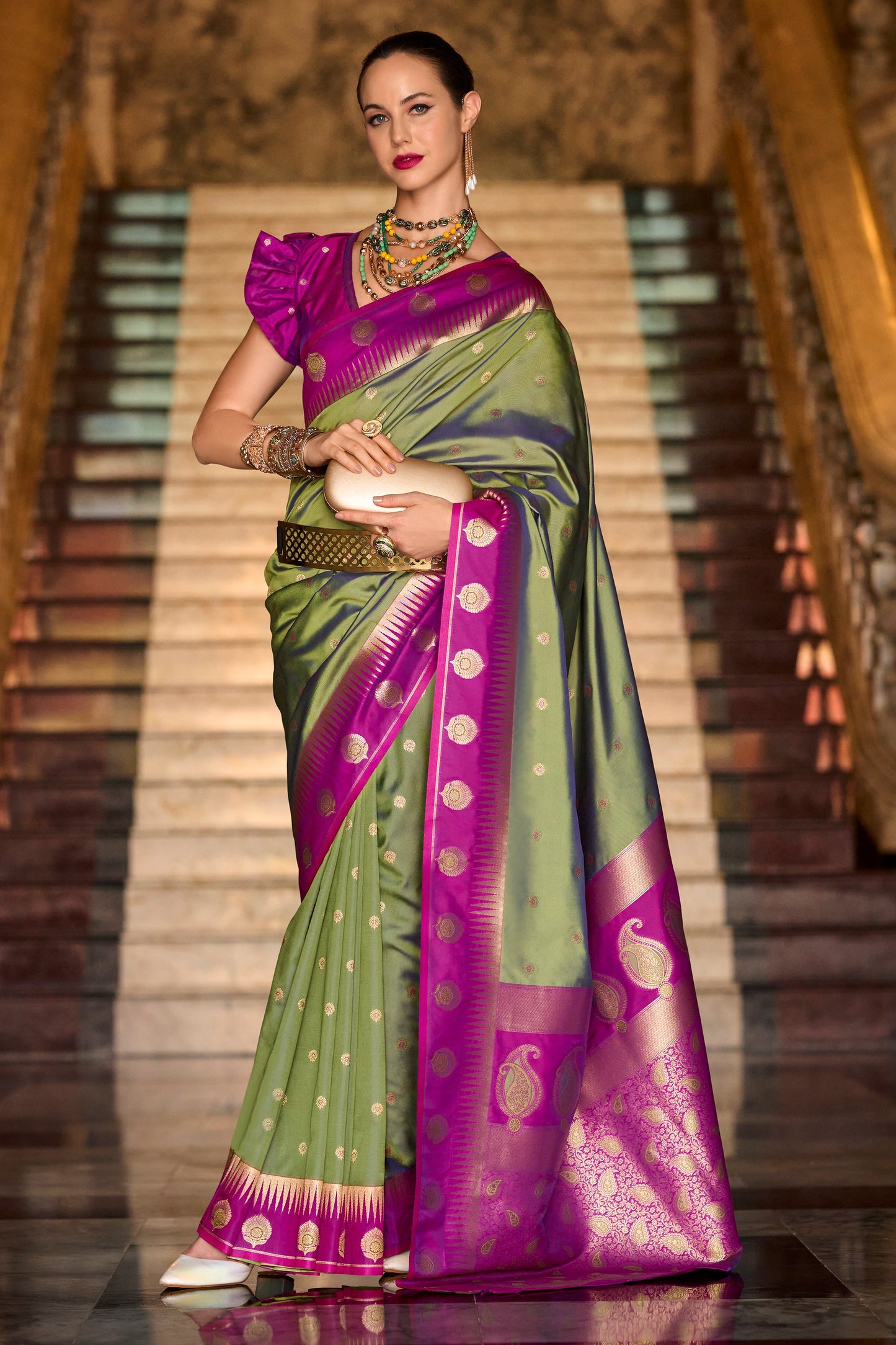 Olive Green Woven Silk Saree-ZB134690_1_SareeButa.com