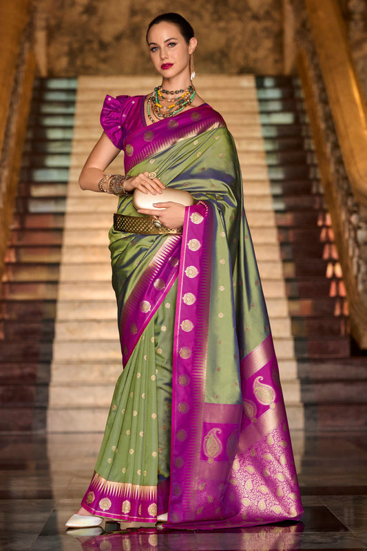 Olive Green Woven Silk Saree-ZB134690_1_SareeButa.com