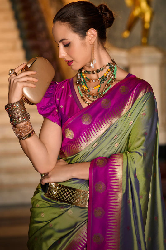 Olive Green Woven Silk Saree-ZB134690_2_SareeButa.com