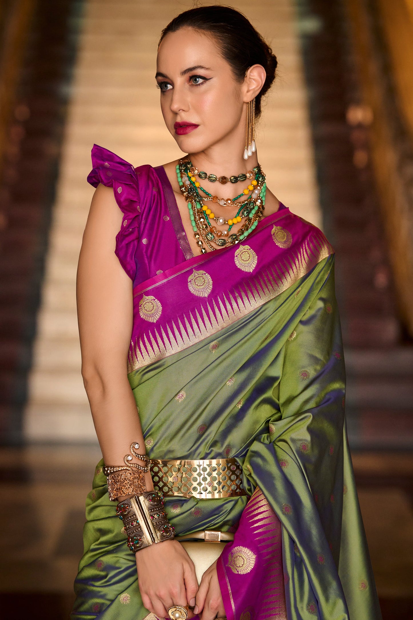 Olive Green Woven Silk Saree-ZB134690_4_SareeButa.com