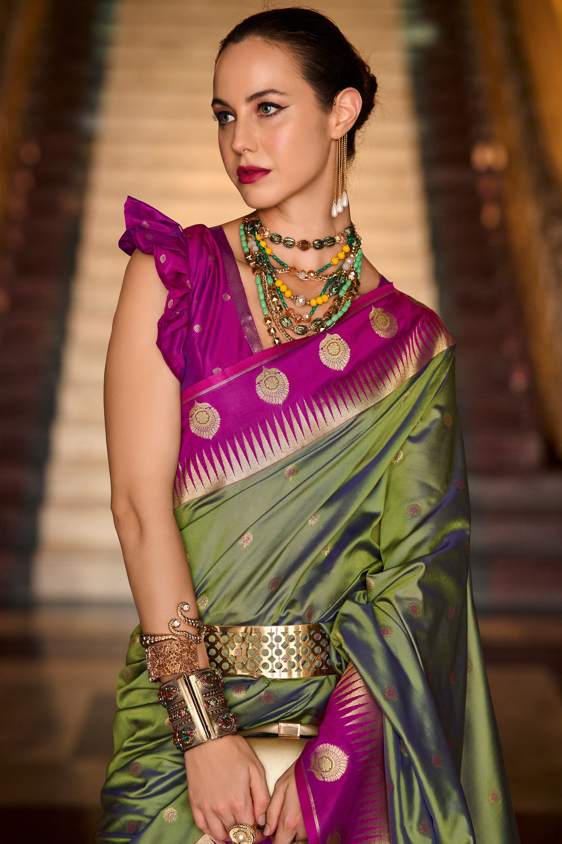 Olive Green Woven Silk Saree-ZB134690_4_SareeButa.com