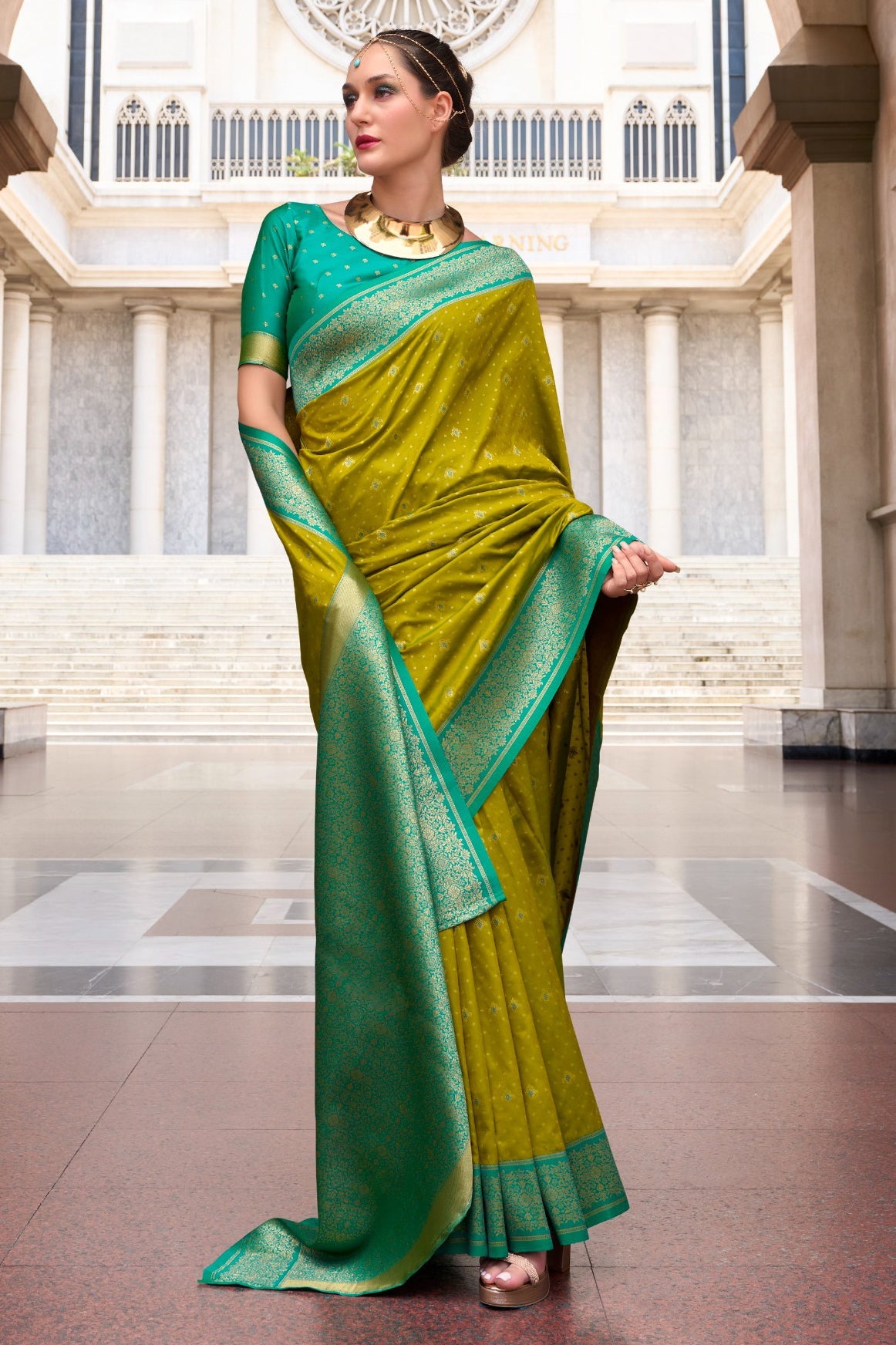 Olive Green Woven Silk Saree-ZB134731_3_SareeButa.com