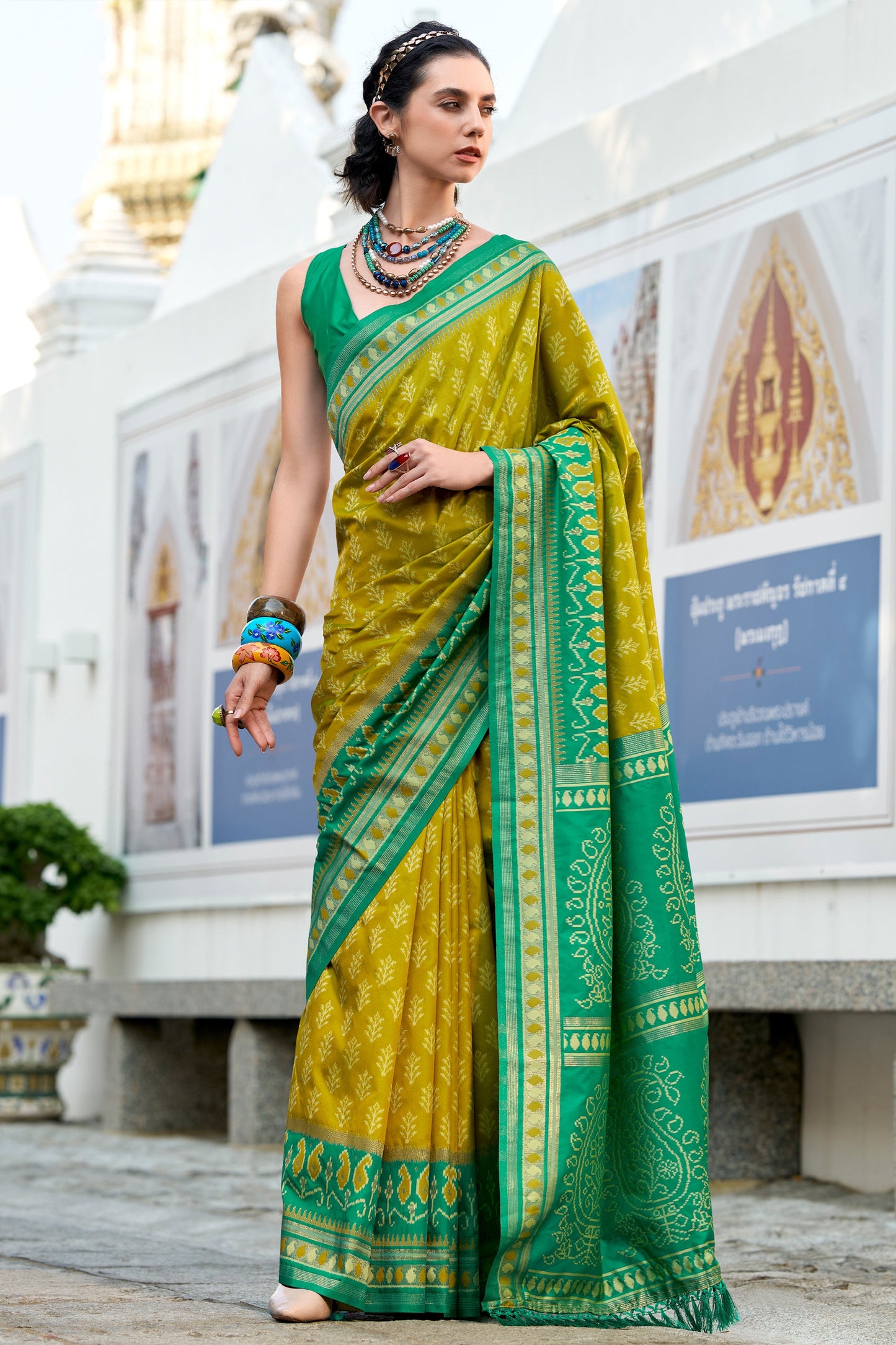 Olive Green Woven Soft Ikat Silk Saree-SAR10026_1_SareeButa.com