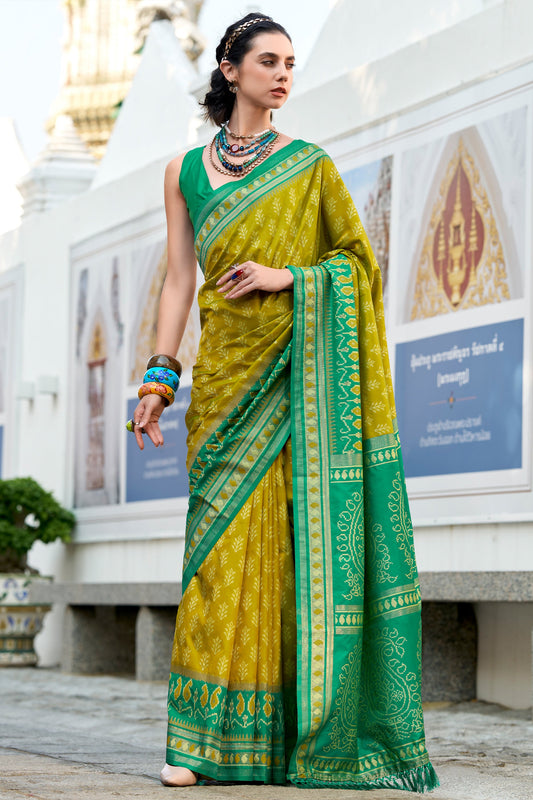 Olive Green Woven Soft Ikat Silk Saree-SAR10026_1_SareeButa.com
