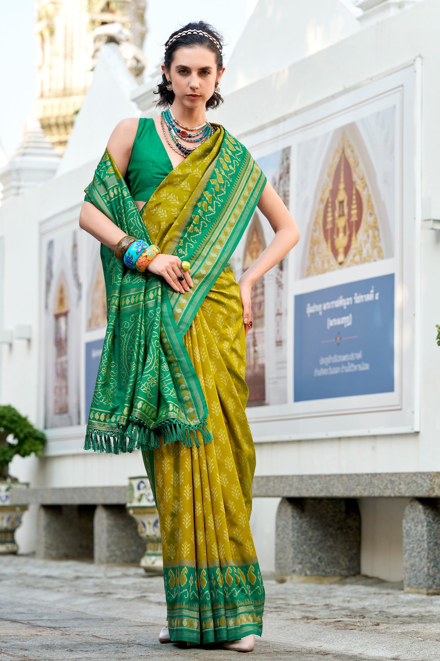 Olive Green Woven Soft Ikat Silk Saree-SAR10026_3_SareeButa.com