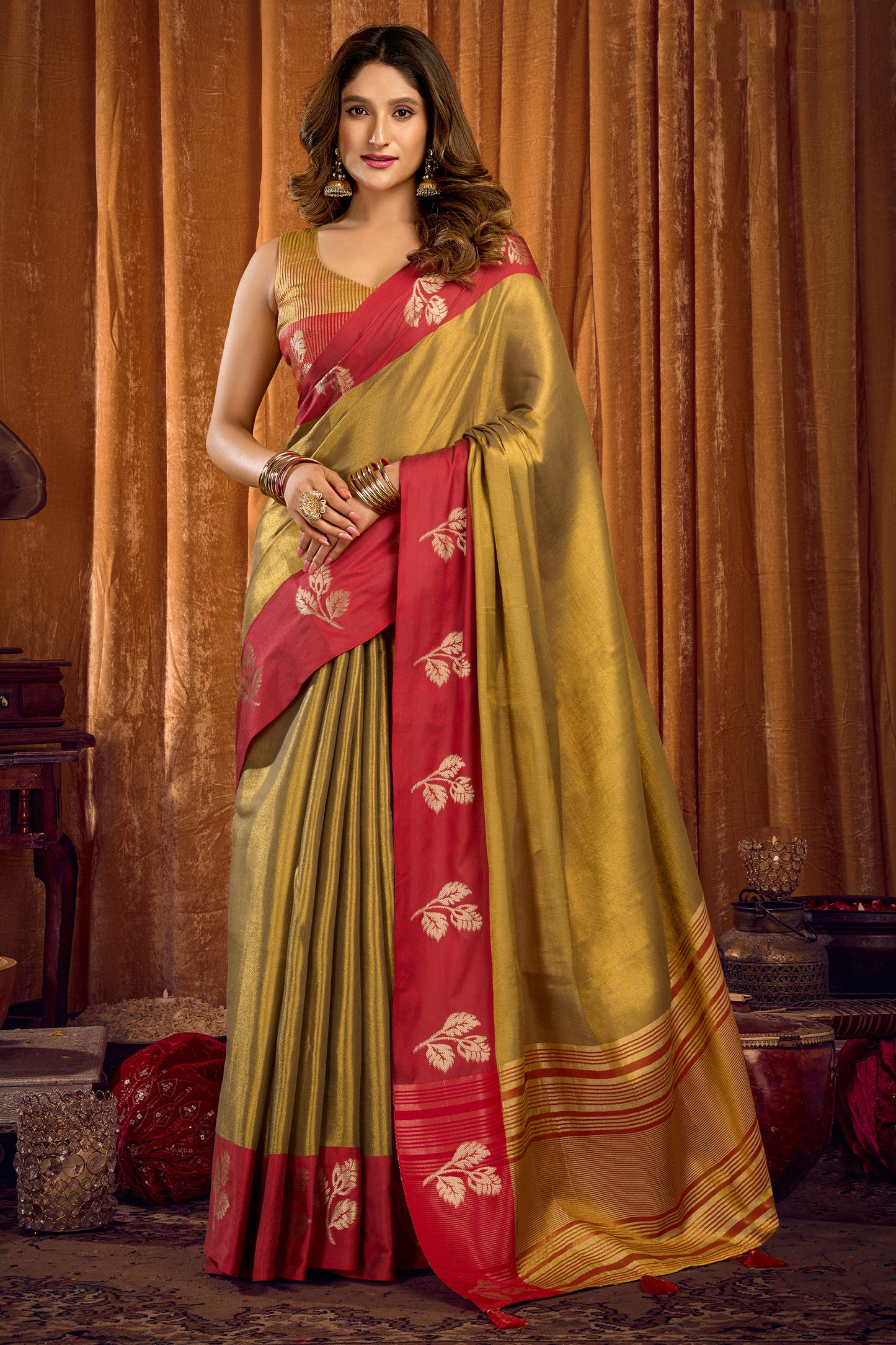 Olive Green Woven Tissue Saree-SAR12634_1_SareeButa.com