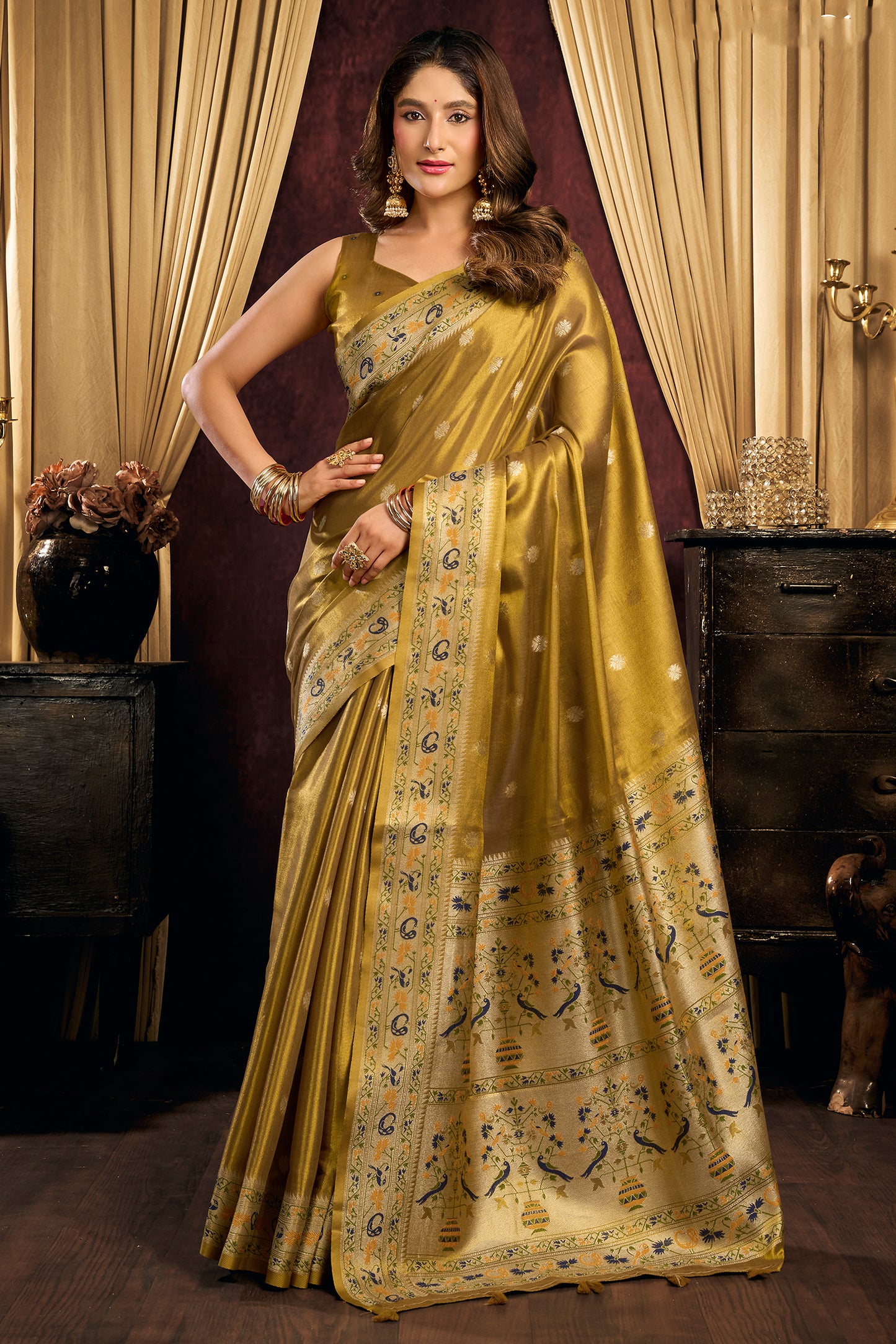 Olive Green Woven Tissue Silk Saree-SAR13192_1_SareeButa.com
