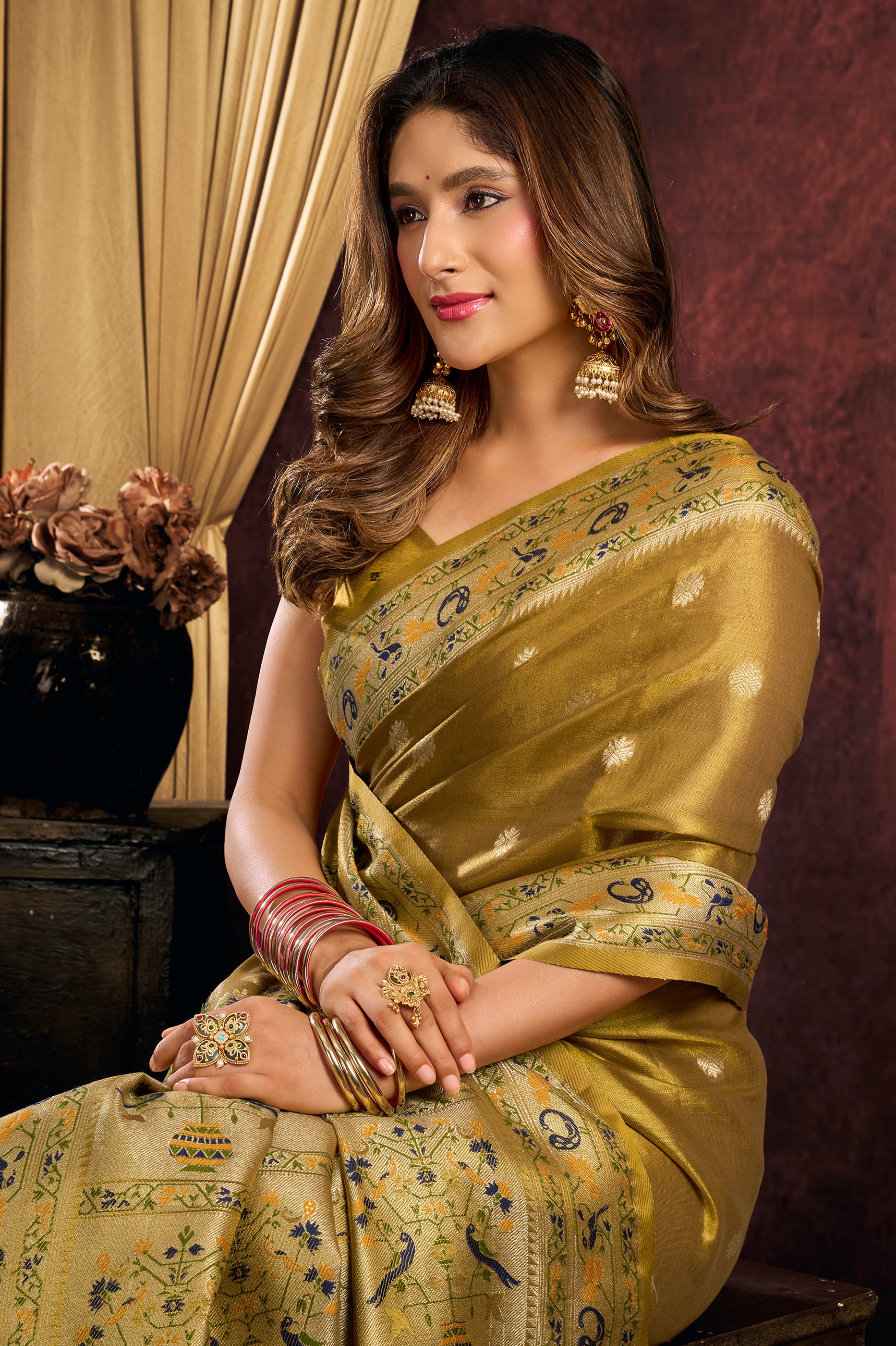 Olive Green Woven Tissue Silk Saree-SAR13192_2_SareeButa.com