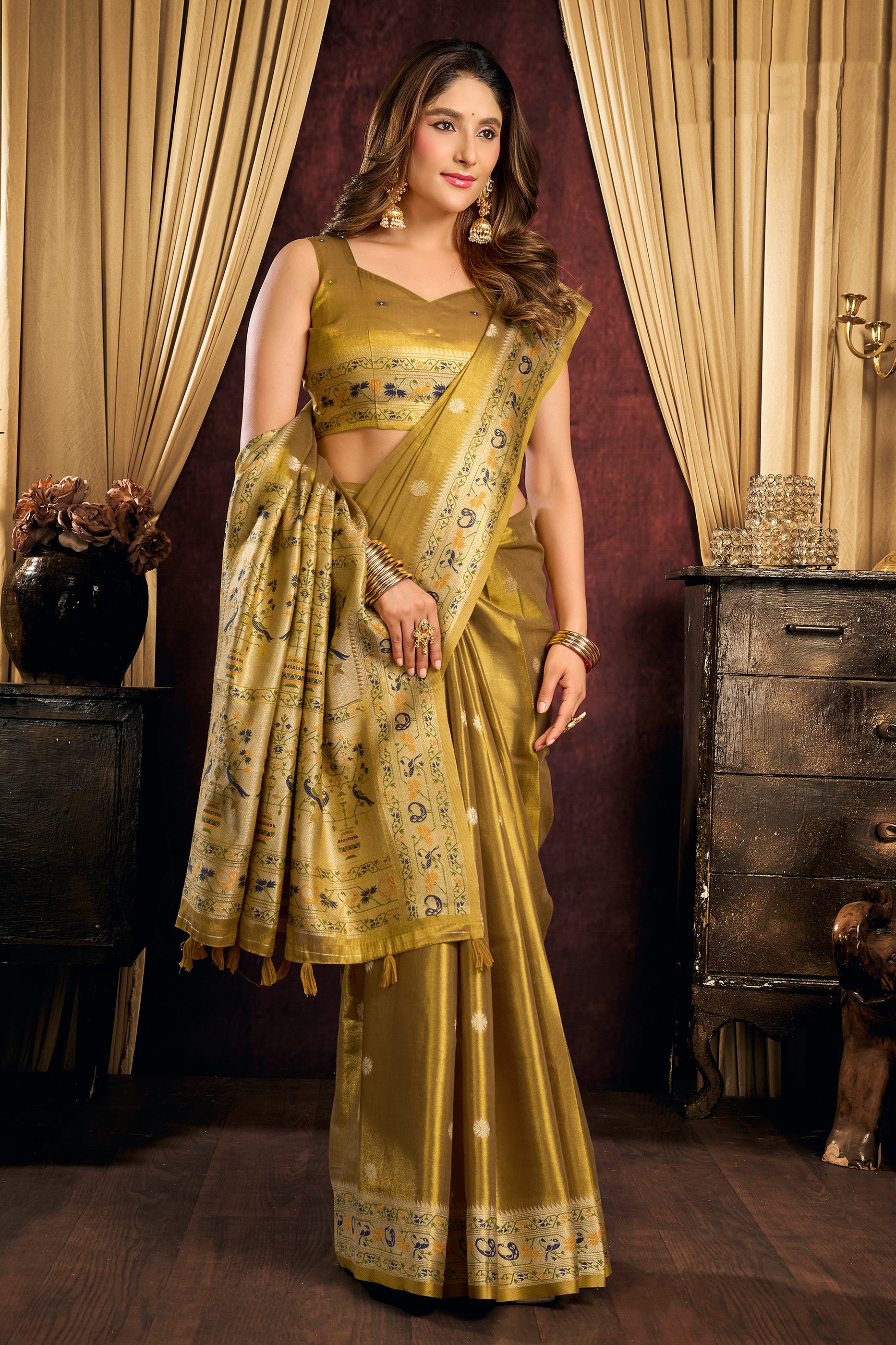 Olive Green Woven Tissue Silk Saree-SAR13192_4_SareeButa.com