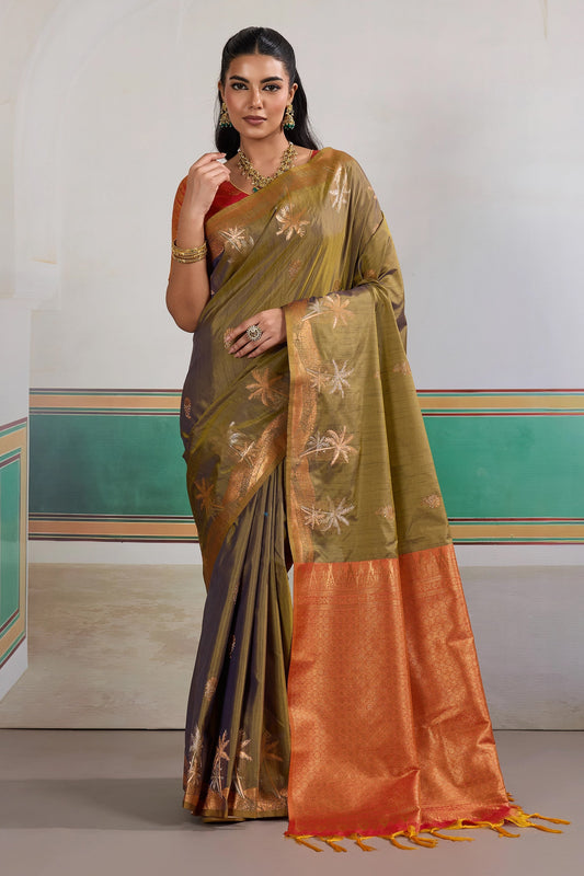 Olive Green Woven Tussar Silk Saree-SAR11202_1_SareeButa.com