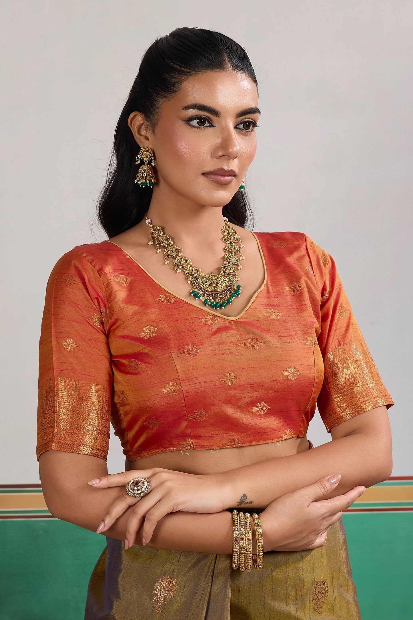 Olive Green Woven Tussar Silk Saree-SAR11202_3_SareeButa.com