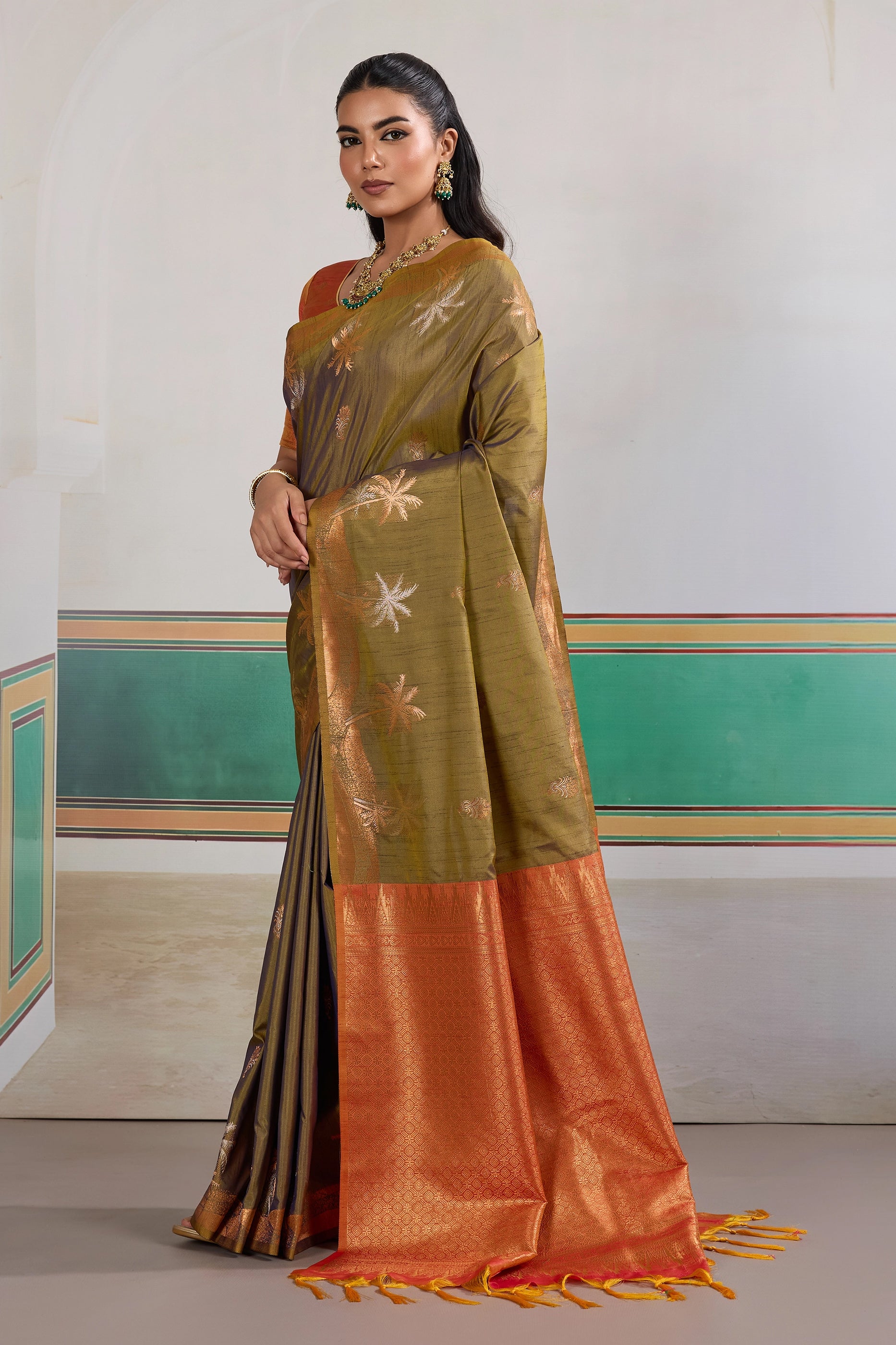 Olive Green Woven Tussar Silk Saree-SAR11202_4_SareeButa.com