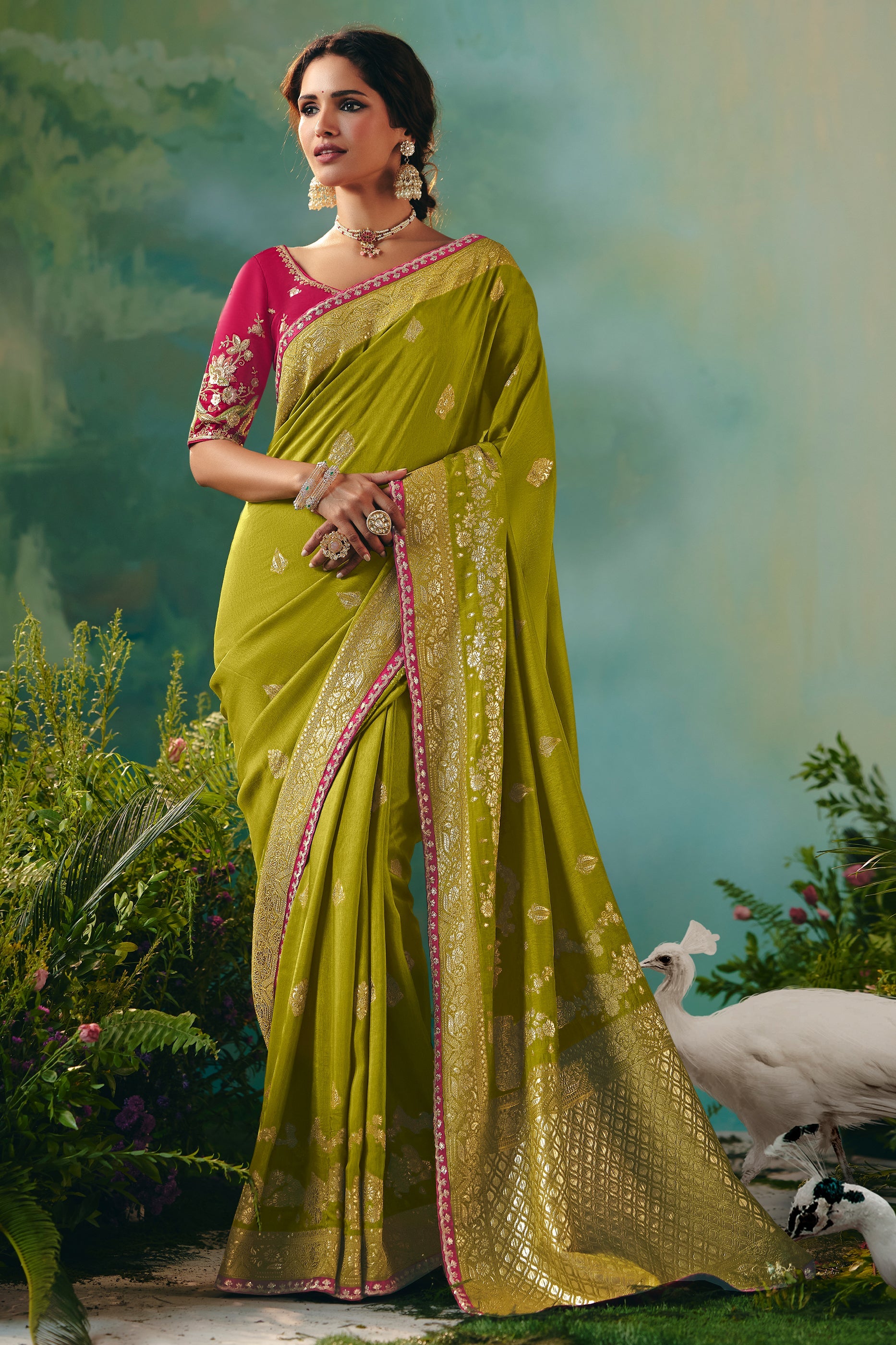 Olive Green Woven Viscose Silk Banarasi Saree-SAR10576_1_SareeButa.com