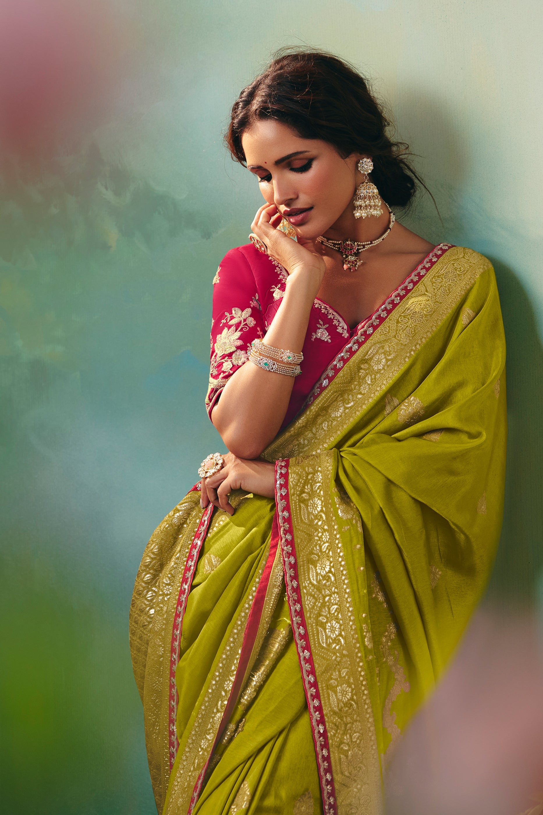 Olive Green Woven Viscose Silk Banarasi Saree-SAR10576_2_SareeButa.com