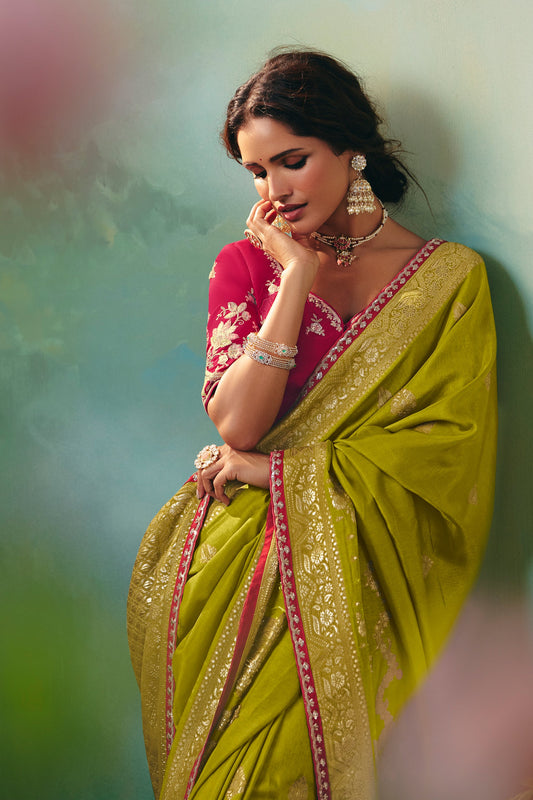 Olive Green Woven Viscose Silk Banarasi Saree-SAR10576_2_SareeButa.com