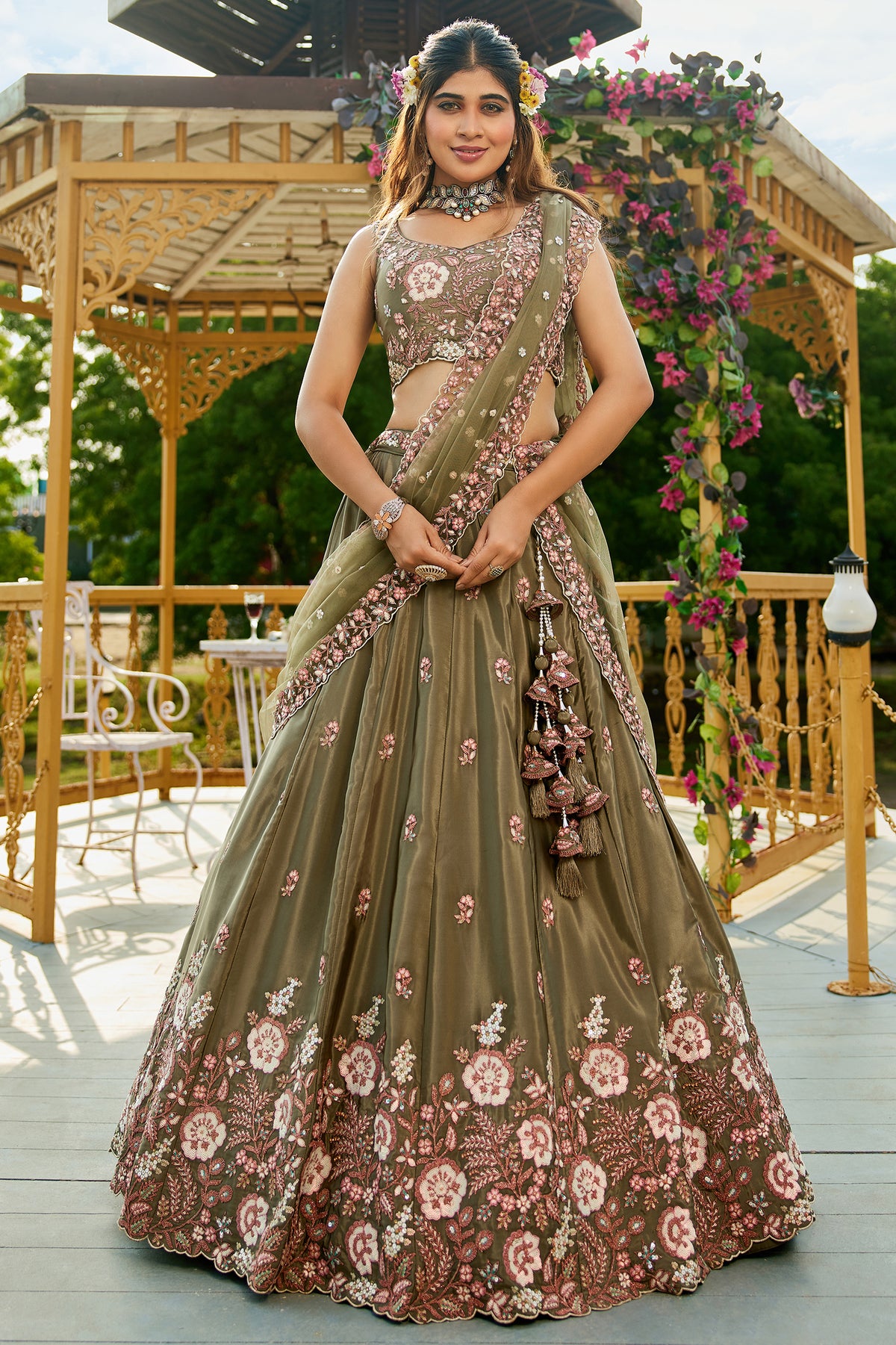 Olive Semi Stitched Embroidered Satin Lehenga-SAR12855_1_SareeButa.com