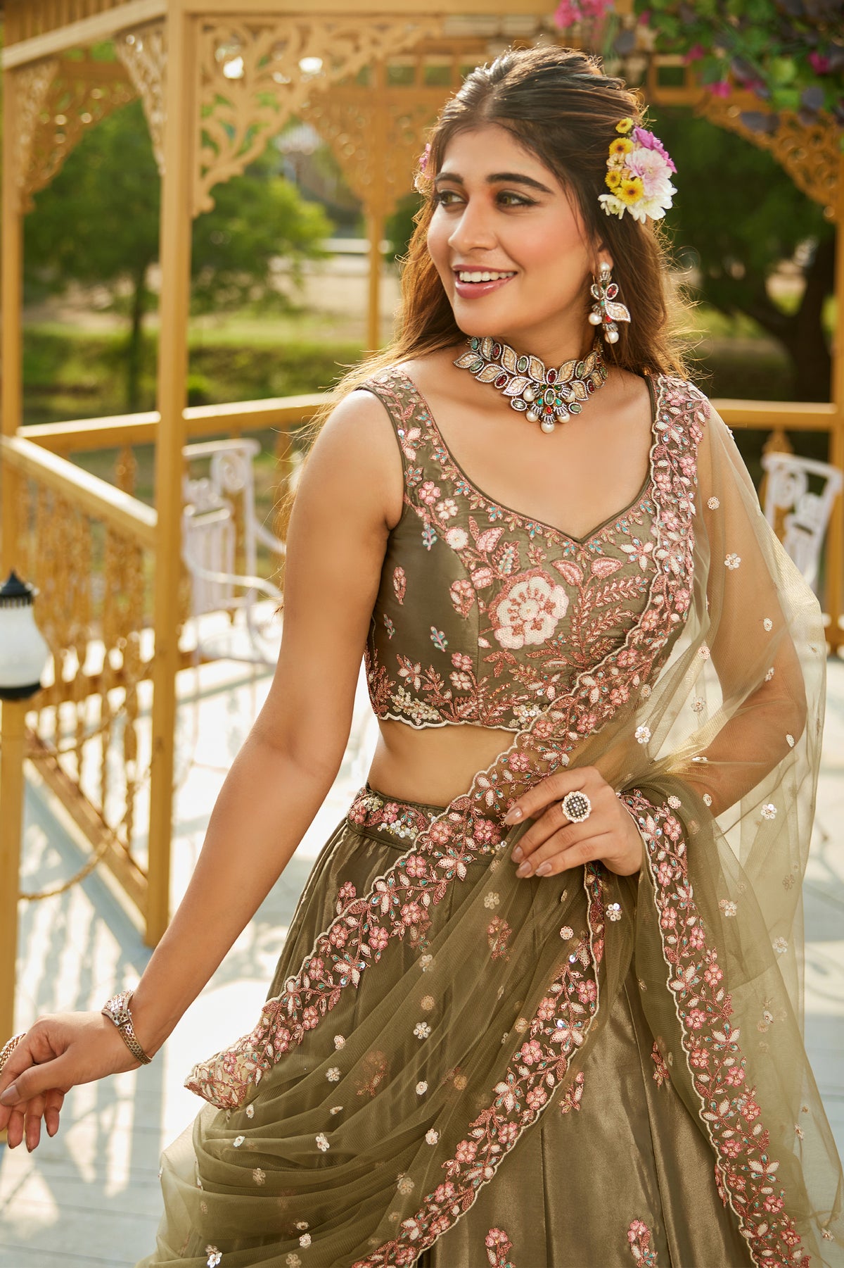 Olive Semi Stitched Embroidered Satin Lehenga-SAR12855_2_SareeButa.com