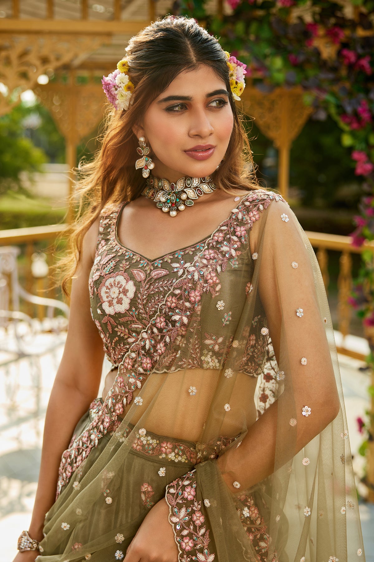 Olive Semi Stitched Embroidered Satin Lehenga-SAR12855_3_SareeButa.com