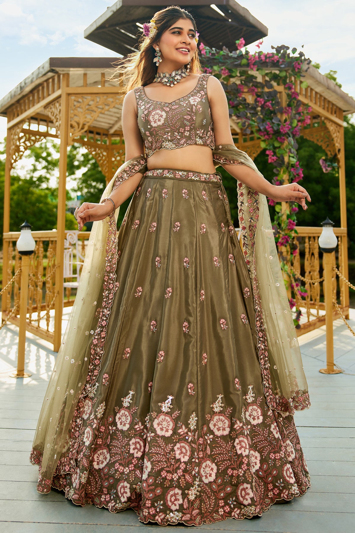 Olive Semi Stitched Embroidered Satin Lehenga-SAR12855_5_SareeButa.com