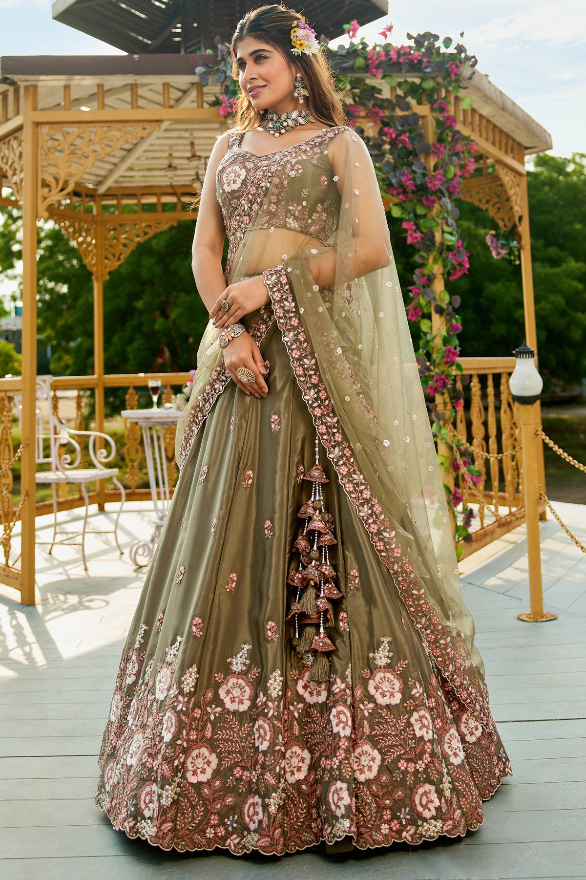Olive Semi Stitched Embroidered Satin Lehenga-SAR12855_6_SareeButa.com