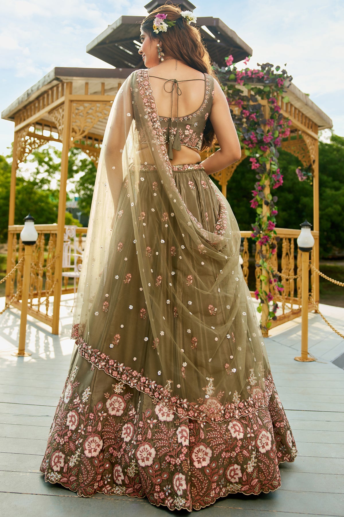 Olive Semi Stitched Embroidered Satin Lehenga-SAR12855_7_SareeButa.com