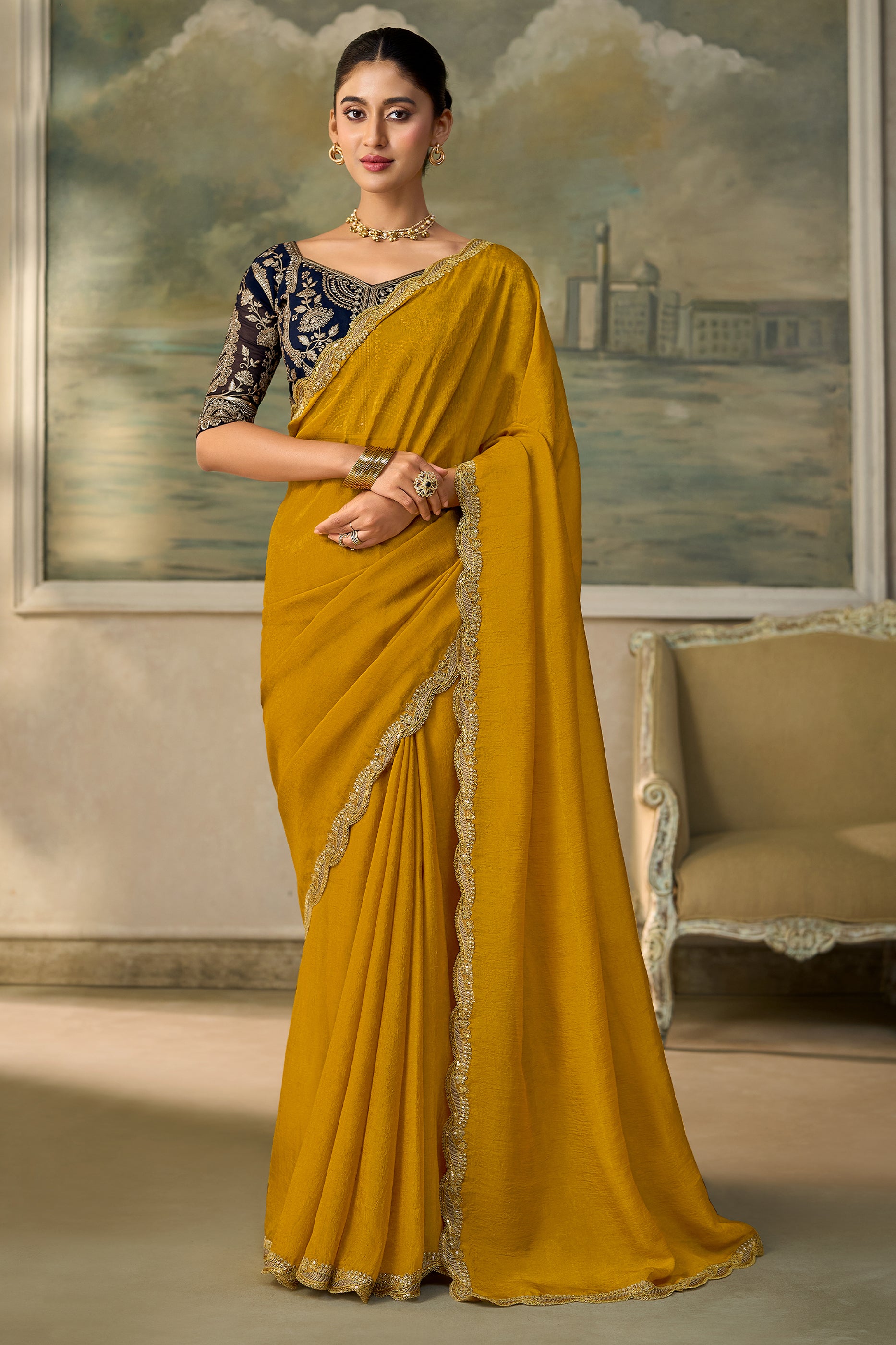 Olive Yellow Embroidered Georgette Saree-SAR13179_1_SareeButa.com