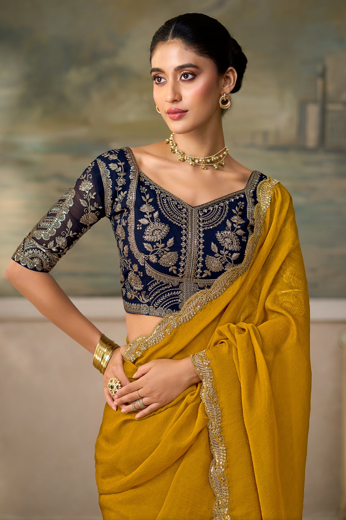 Olive Yellow Embroidered Georgette Saree-SAR13179_2_SareeButa.com