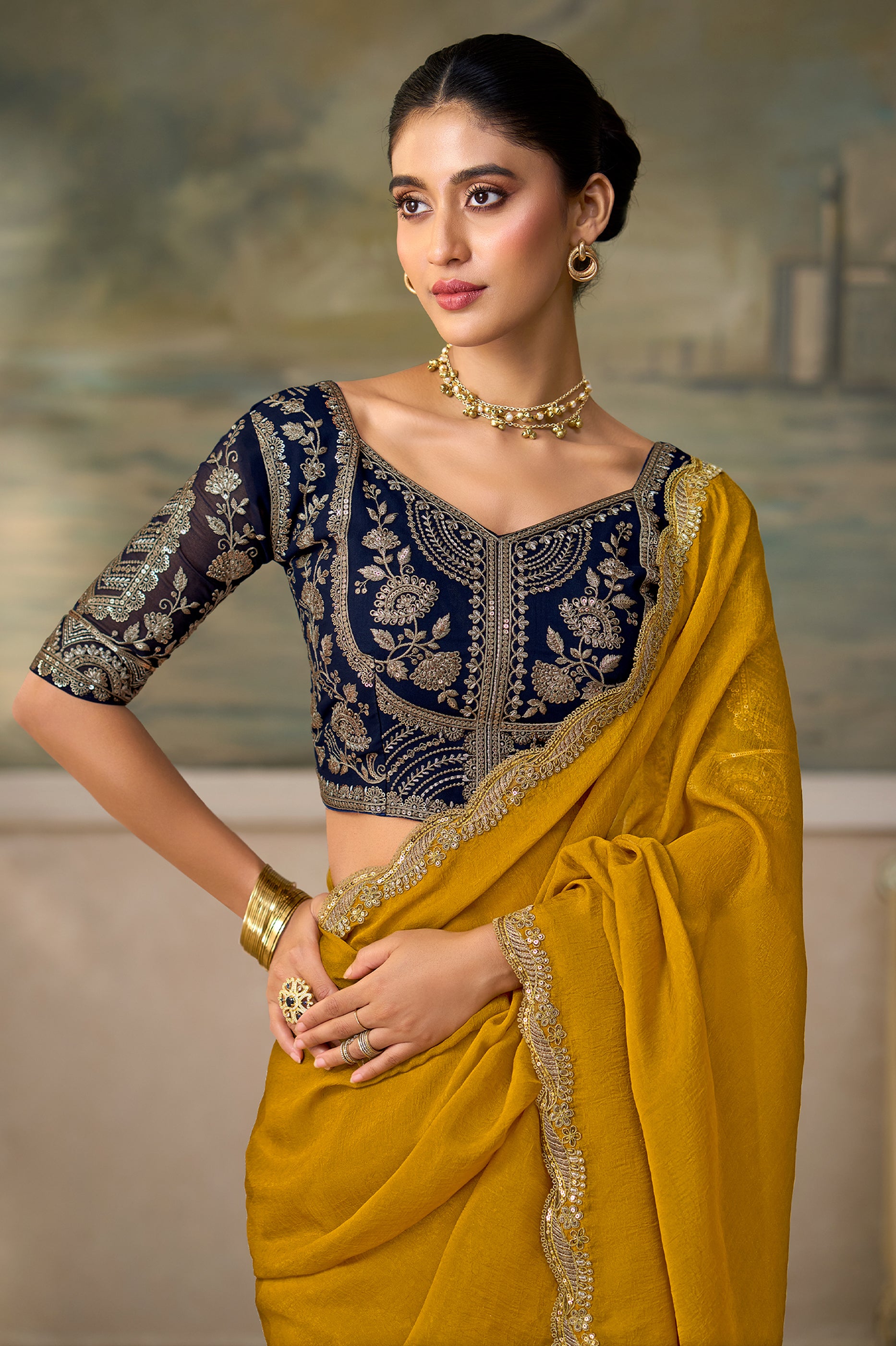 Olive Yellow Embroidered Georgette Saree-SAR13179_2_SareeButa.com