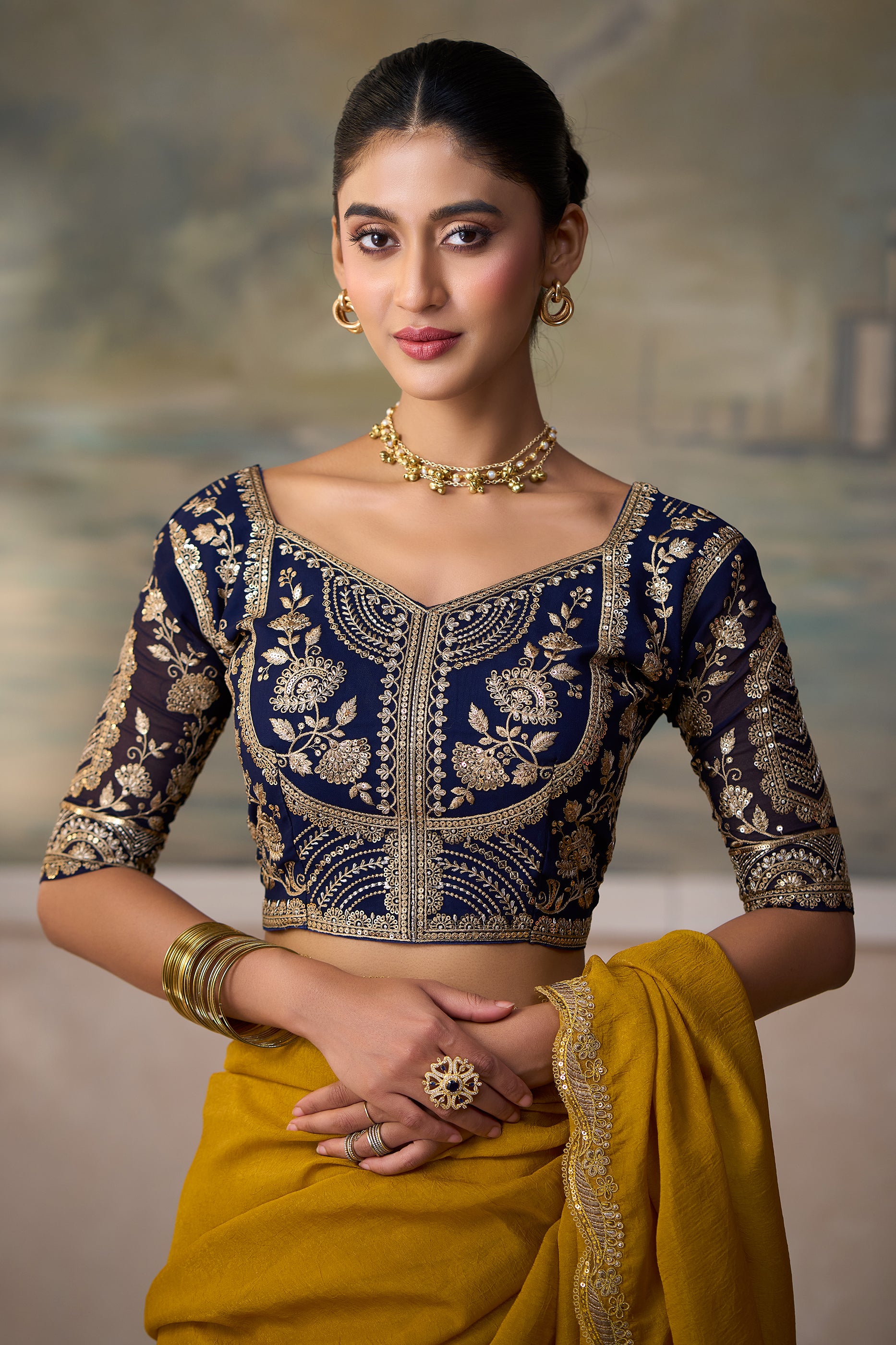 Olive Yellow Embroidered Georgette Saree-SAR13179_3_SareeButa.com