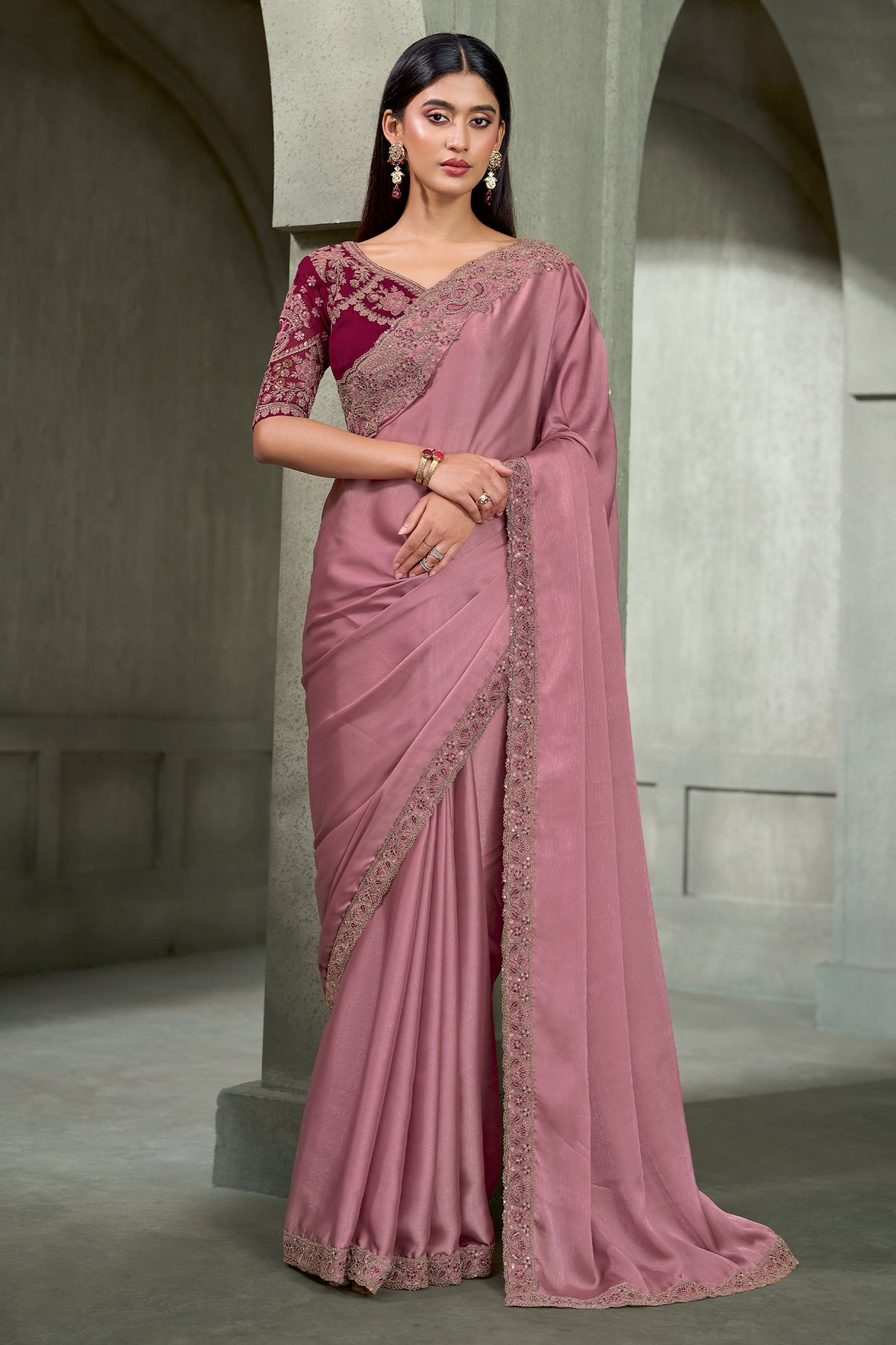 Onion Pink Embroidered Satin Georgette Saree-SAR13291_1_SareeButa.com