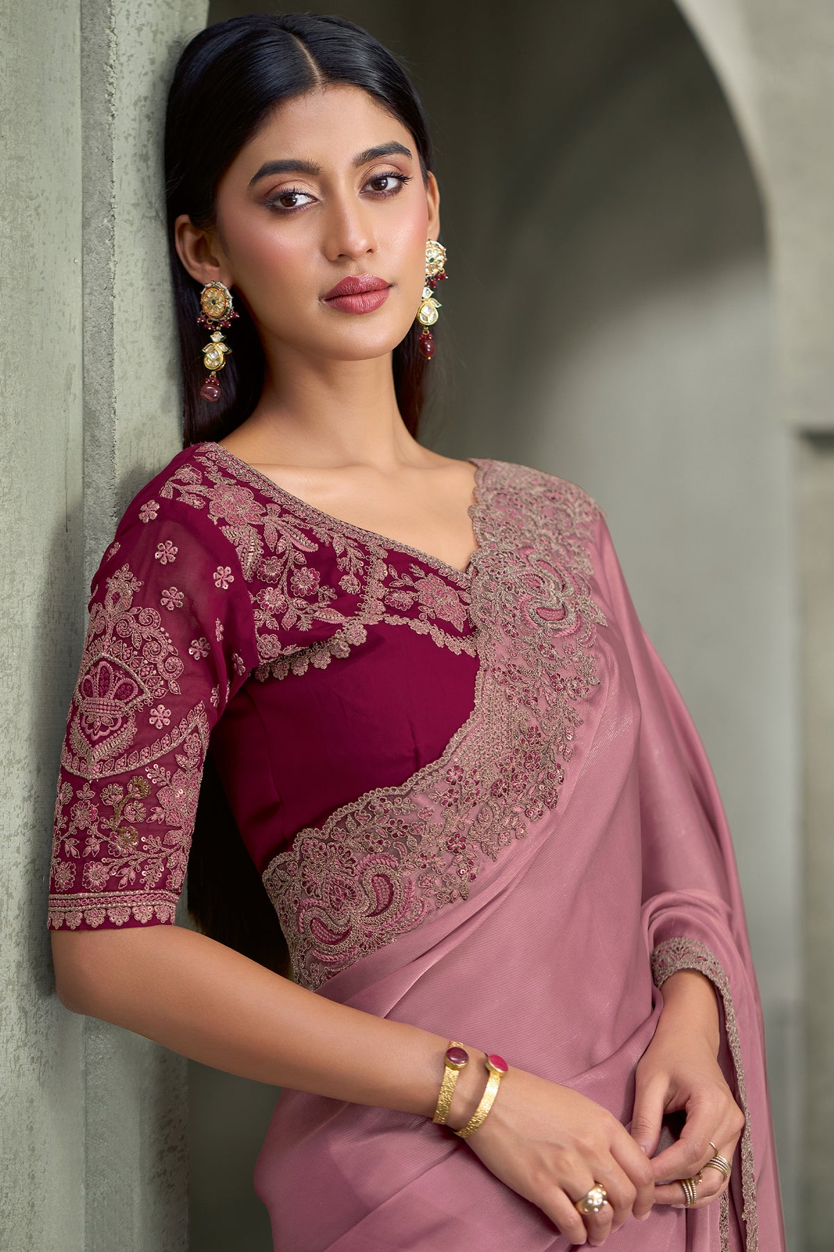 Onion Pink Embroidered Satin Georgette Saree-SAR13291_2_SareeButa.com