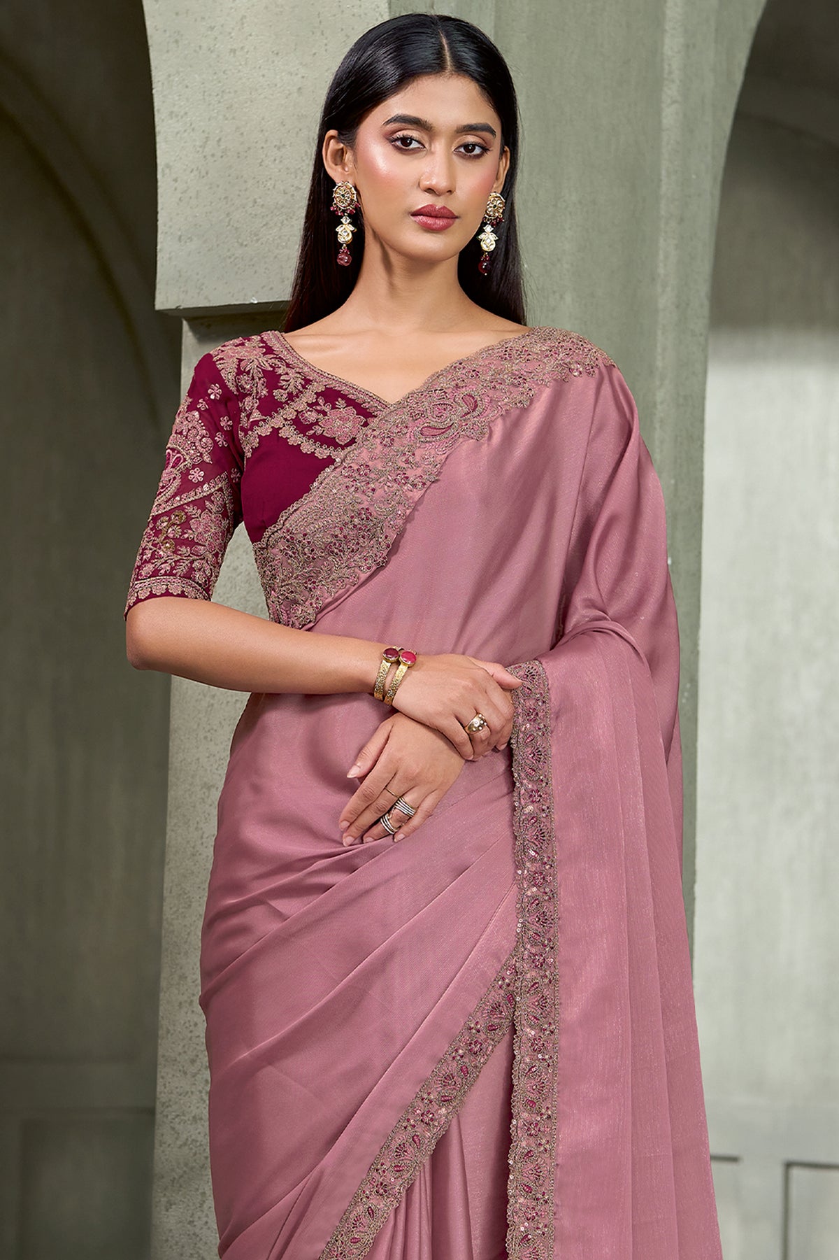 Onion Pink Embroidered Satin Georgette Saree-SAR13291_3_SareeButa.com