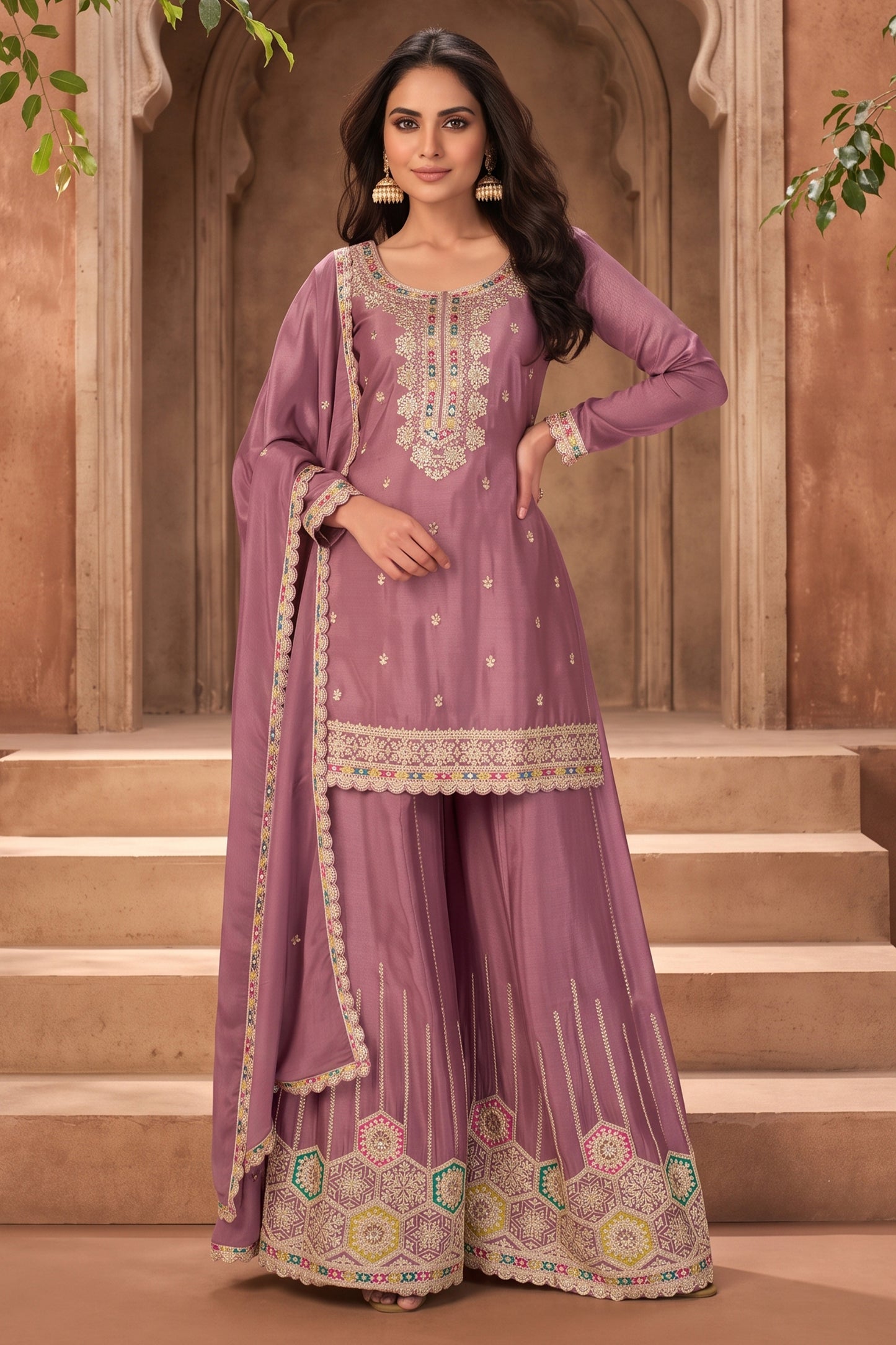 Onion Pink Readymade Embroidered Chinon Suit-SAR13038_1_SareeButa.com