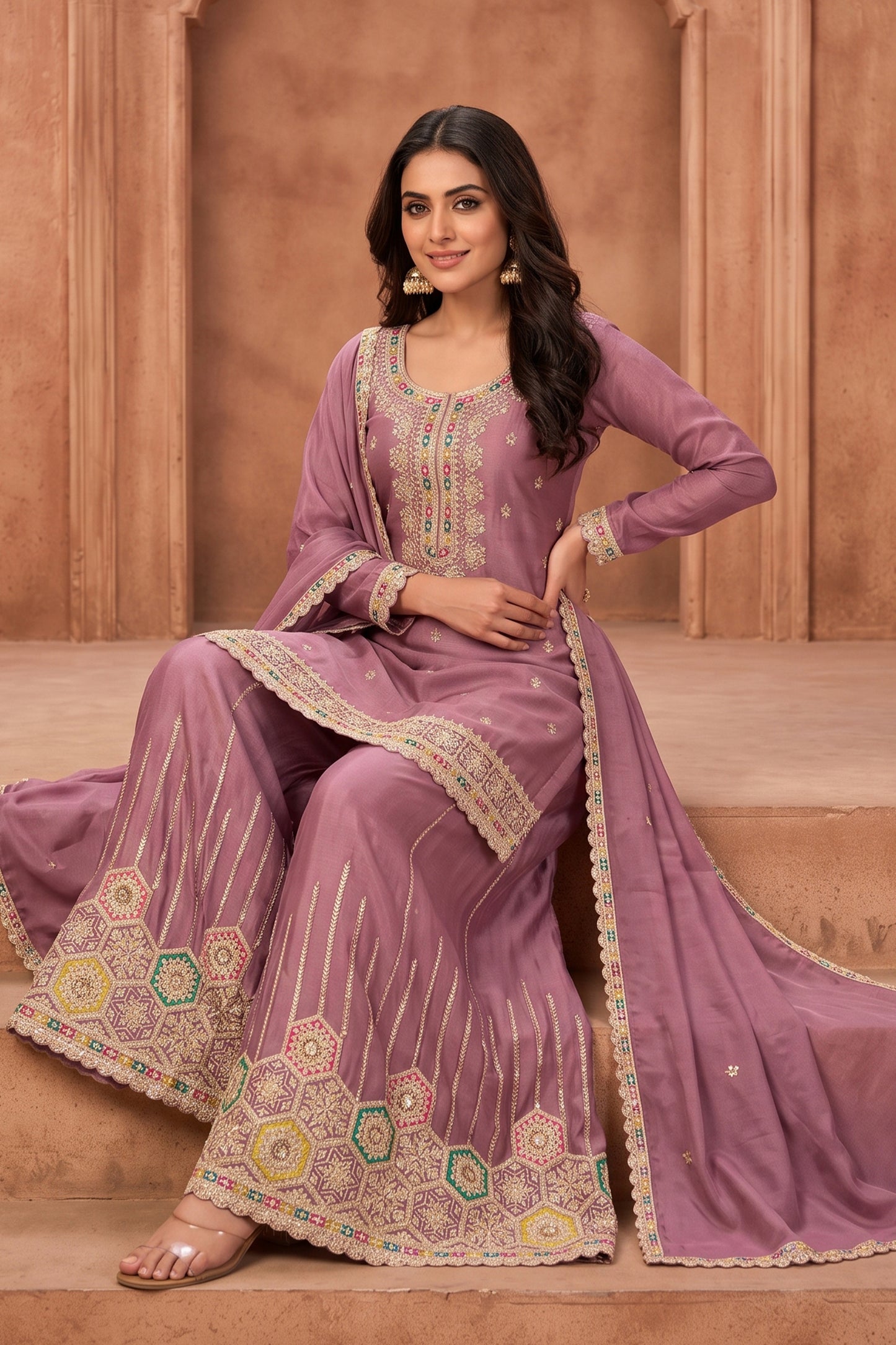 Onion Pink Readymade Embroidered Chinon Suit-SAR13038_2_SareeButa.com
