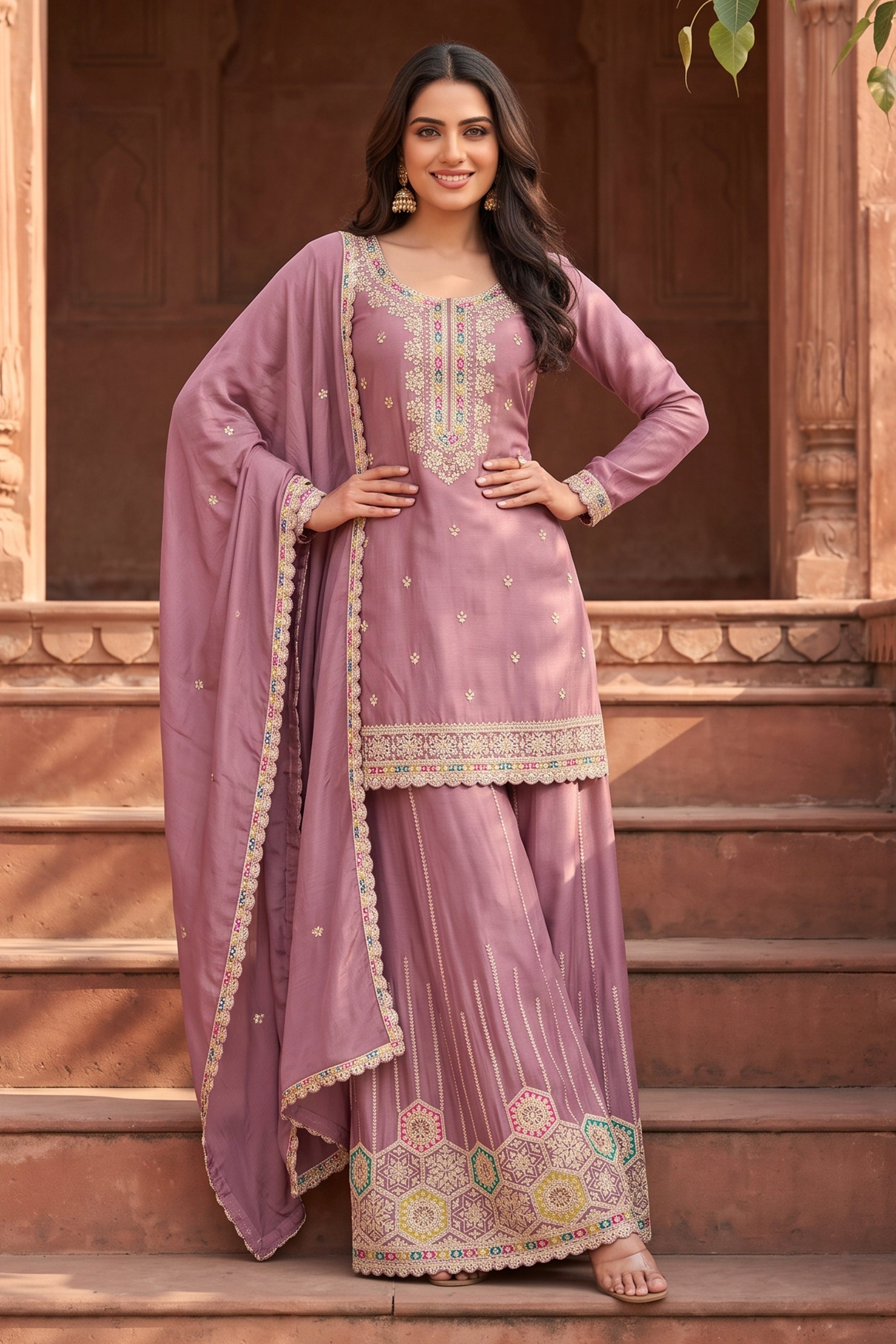 Onion Pink Readymade Embroidered Chinon Suit-SAR13038_3_SareeButa.com