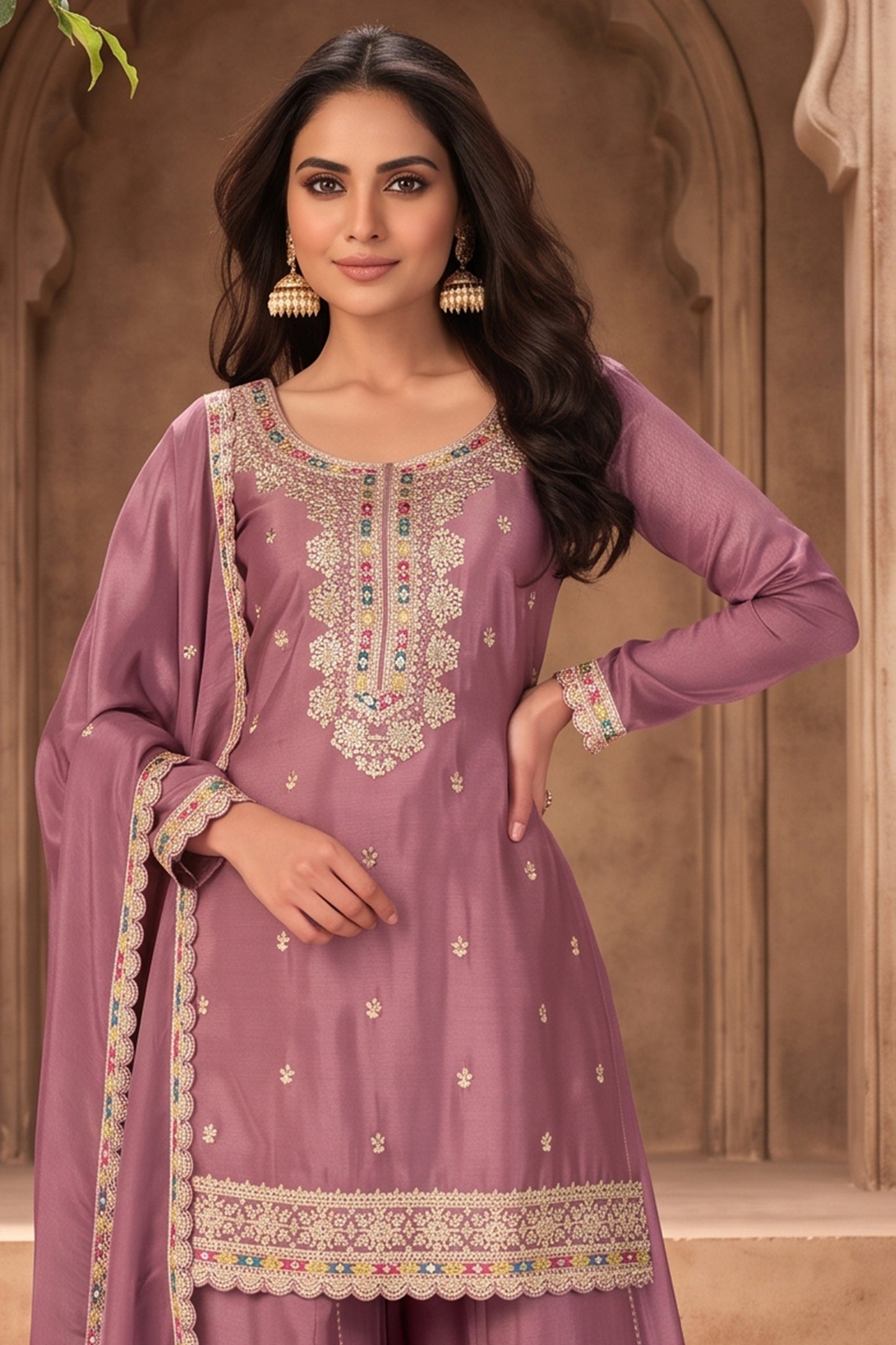 Onion Pink Readymade Embroidered Chinon Suit-SAR13038_6_SareeButa.com
