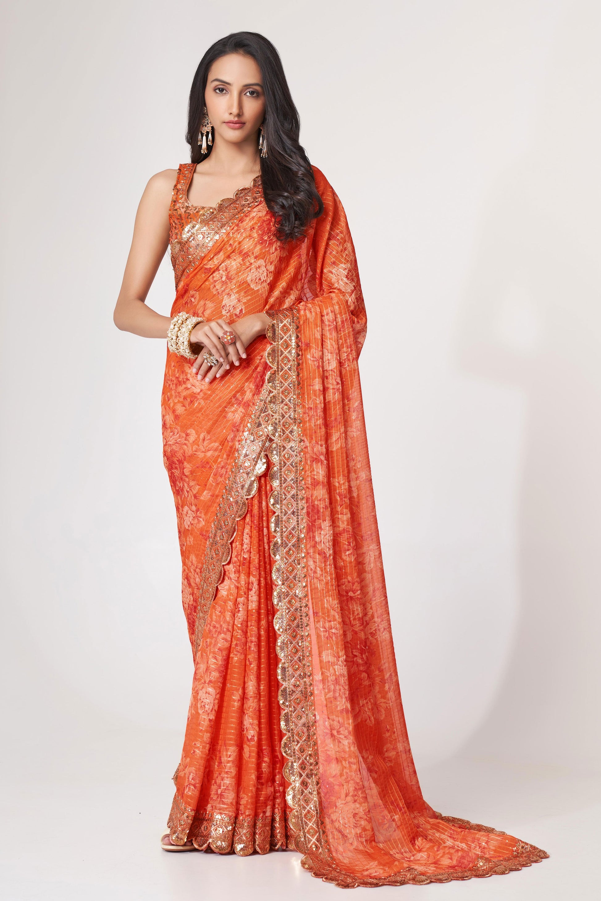 Orange Embroidered Organza Saree-ZB131750_1